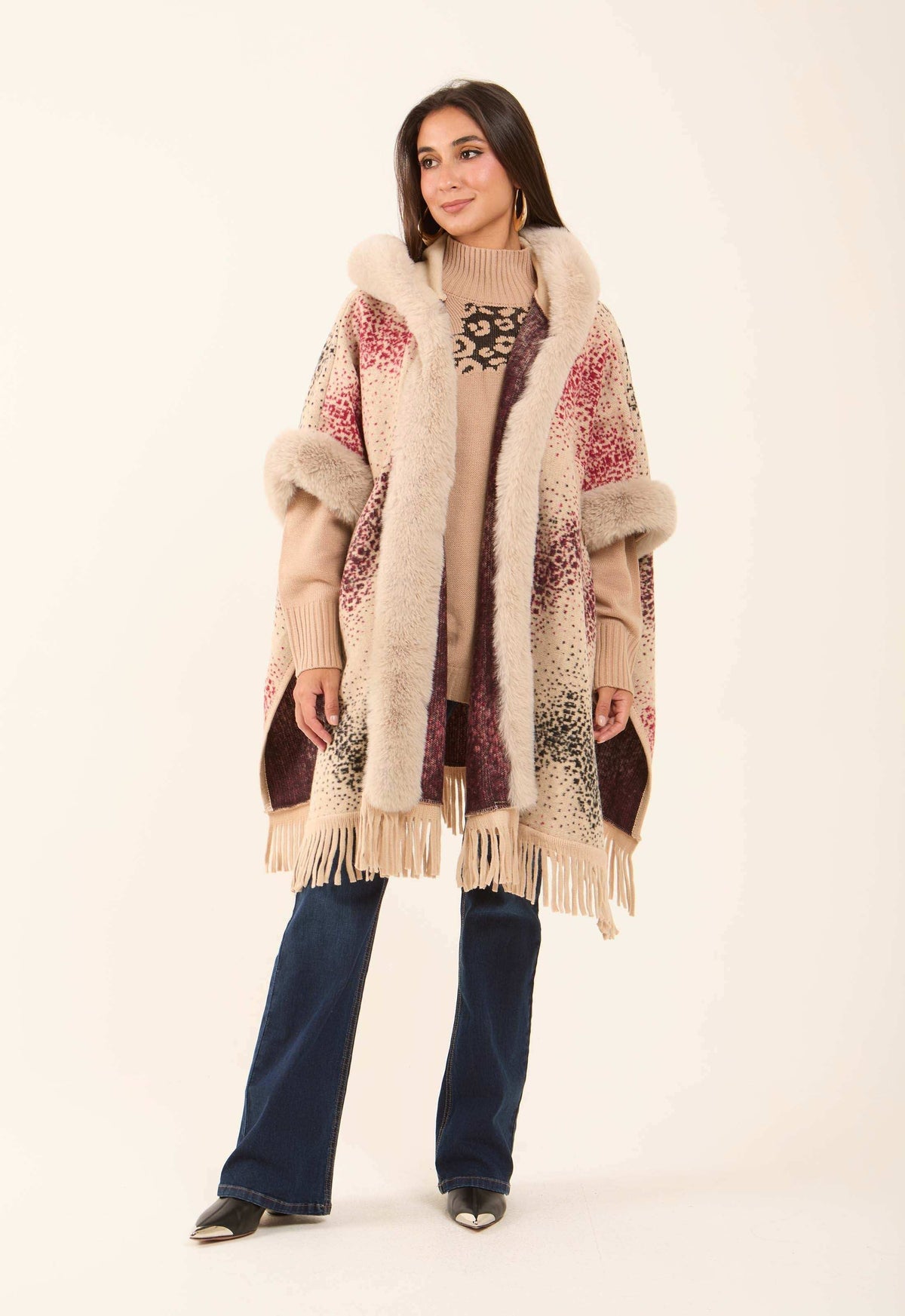 Fur Open Neckline Knitted Poncho with Fringes
