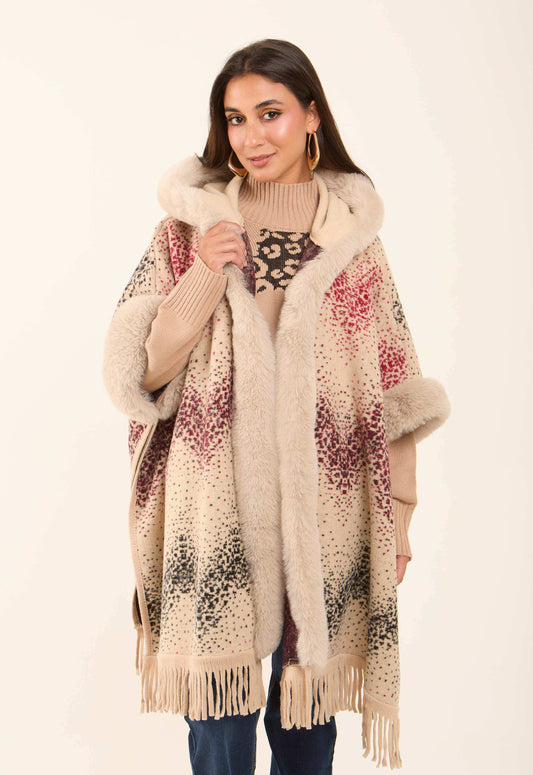 Fur Open Neckline Knitted Poncho with Fringes