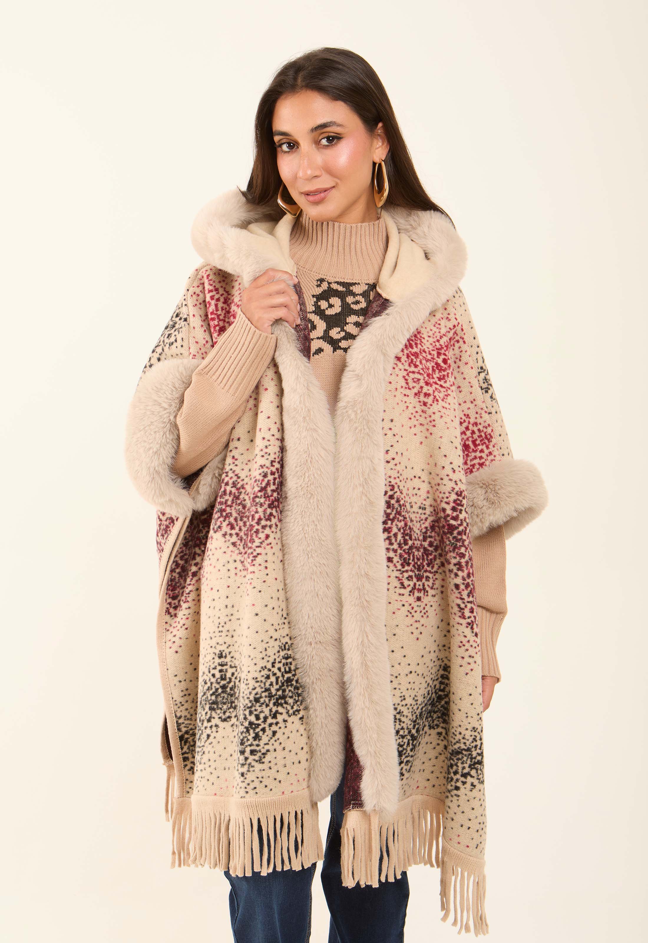 Fur Open Neckline Knitted Poncho with Fringes