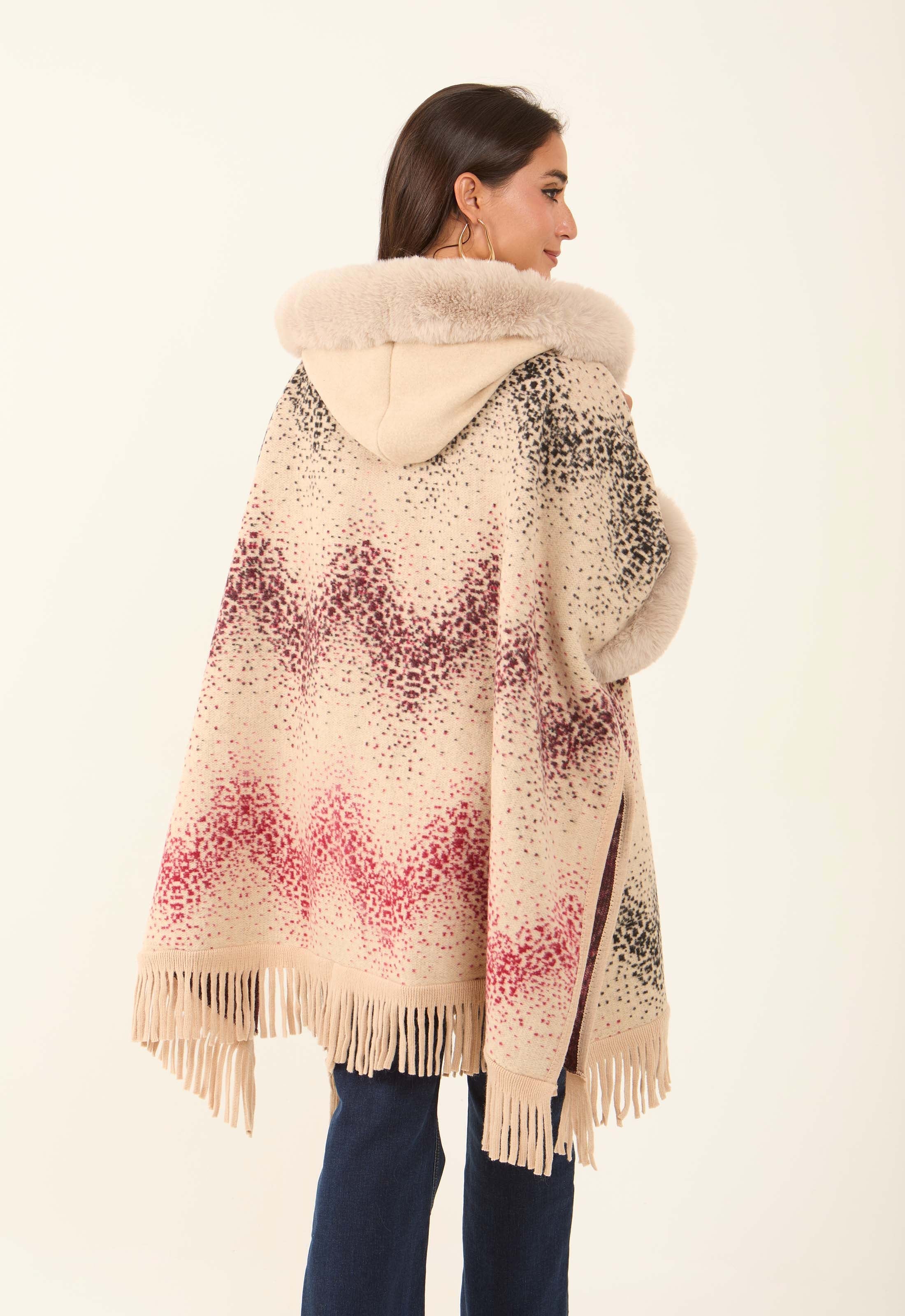 Fur Open Neckline Knitted Poncho with Fringes