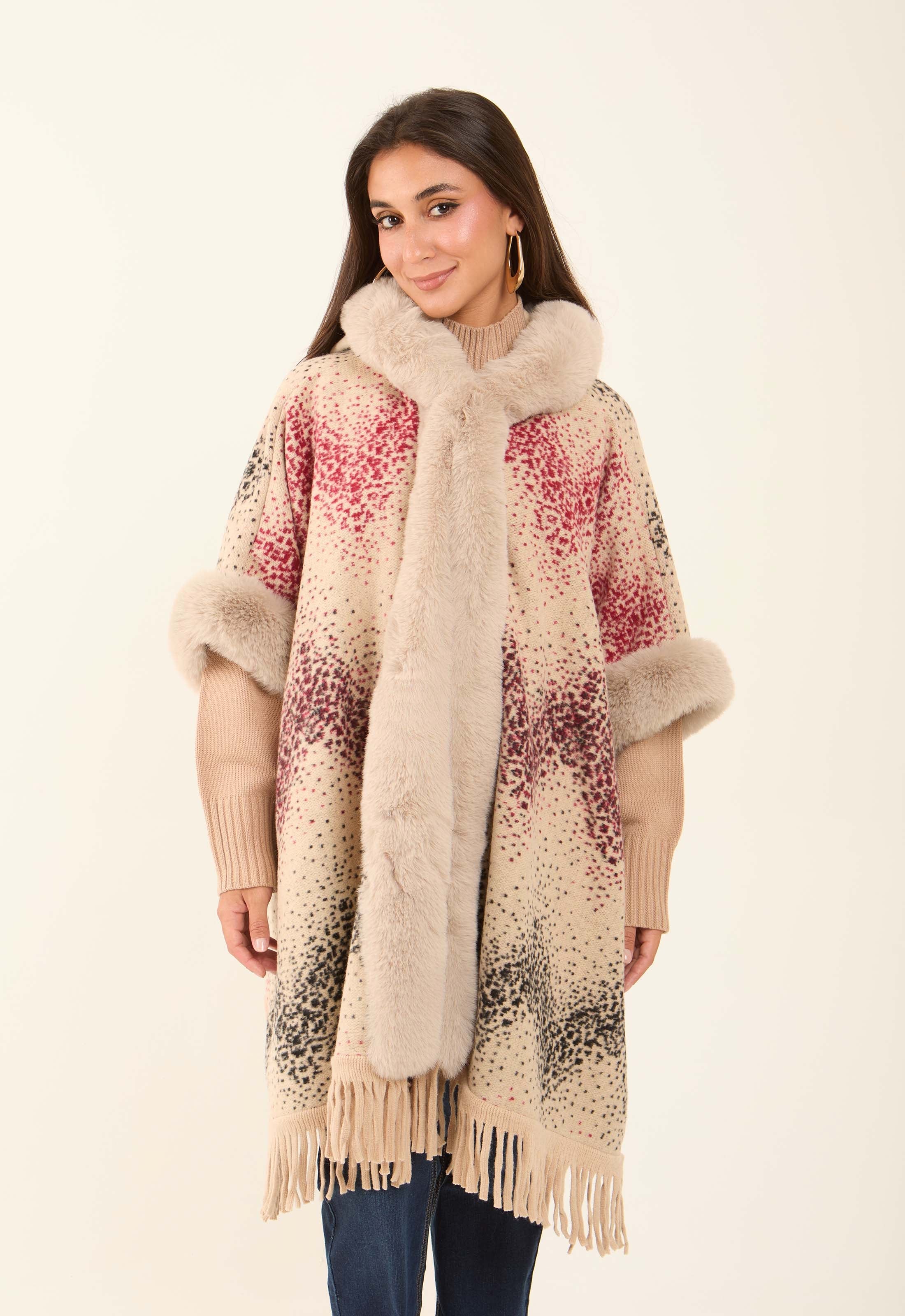 Fur Open Neckline Knitted Poncho with Fringes