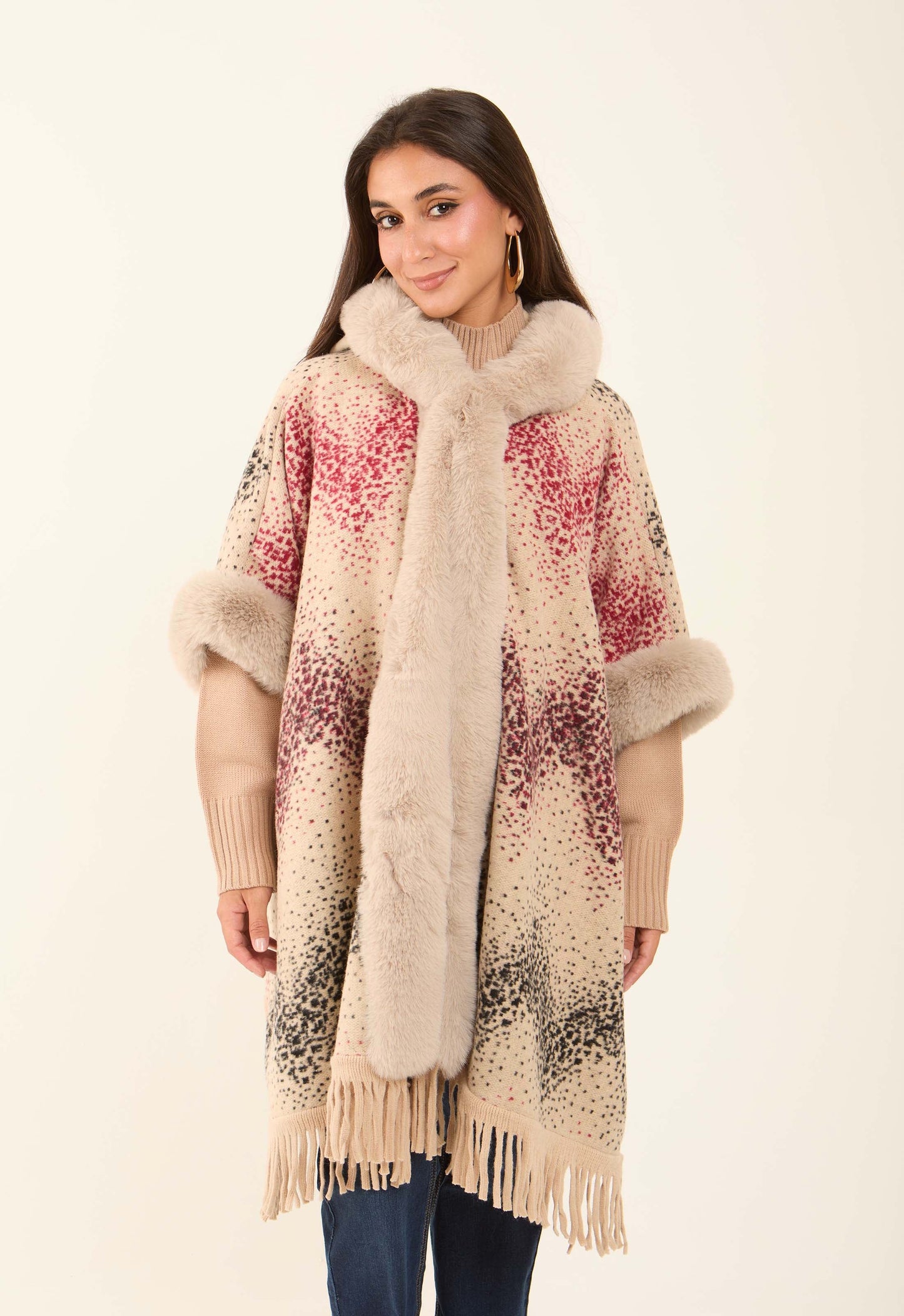 Fur Open Neckline Knitted Poncho with Fringes