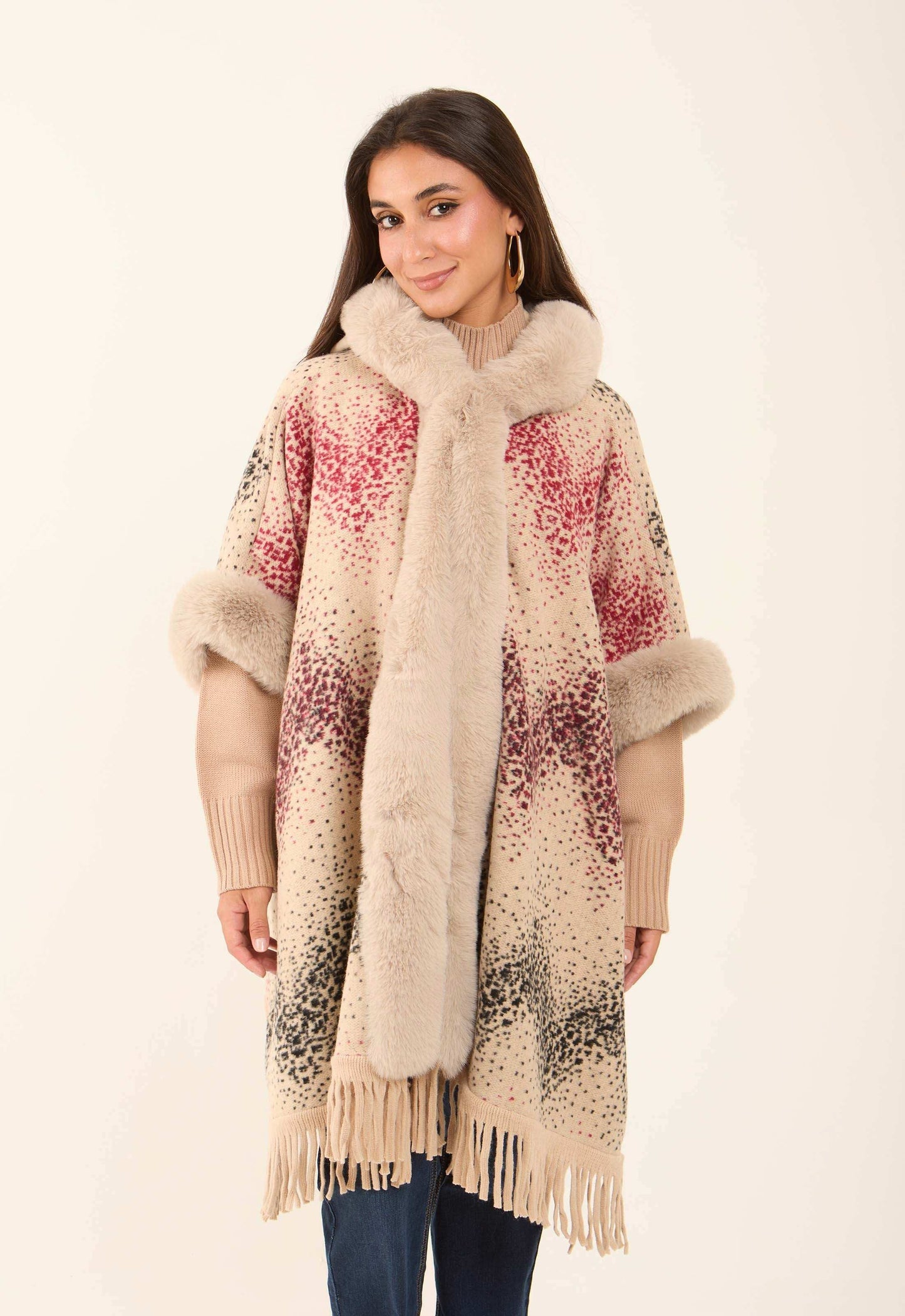 Fur Open Neckline Knitted Poncho with Fringes