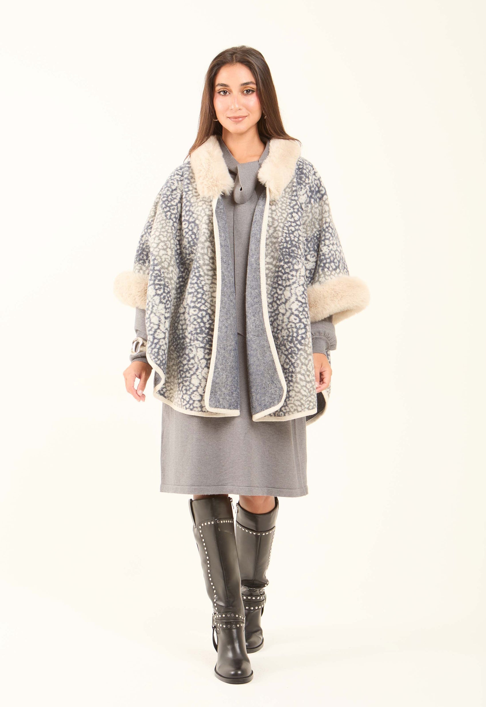 Fur Neck Leopard Winter Poncho