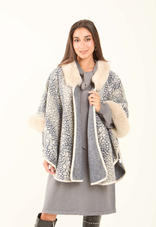 Fur Neck Leopard Winter Poncho
