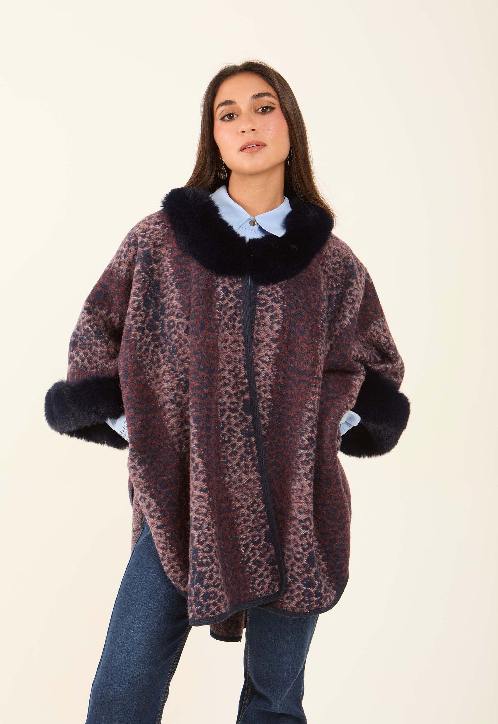 Fur Neck Leopard Winter Poncho
