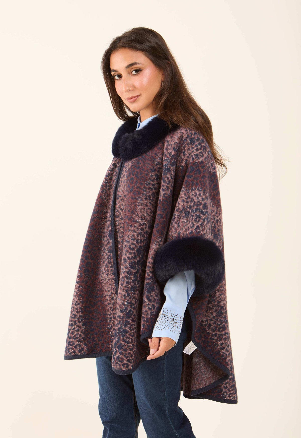 Fur Neck Leopard Winter Poncho