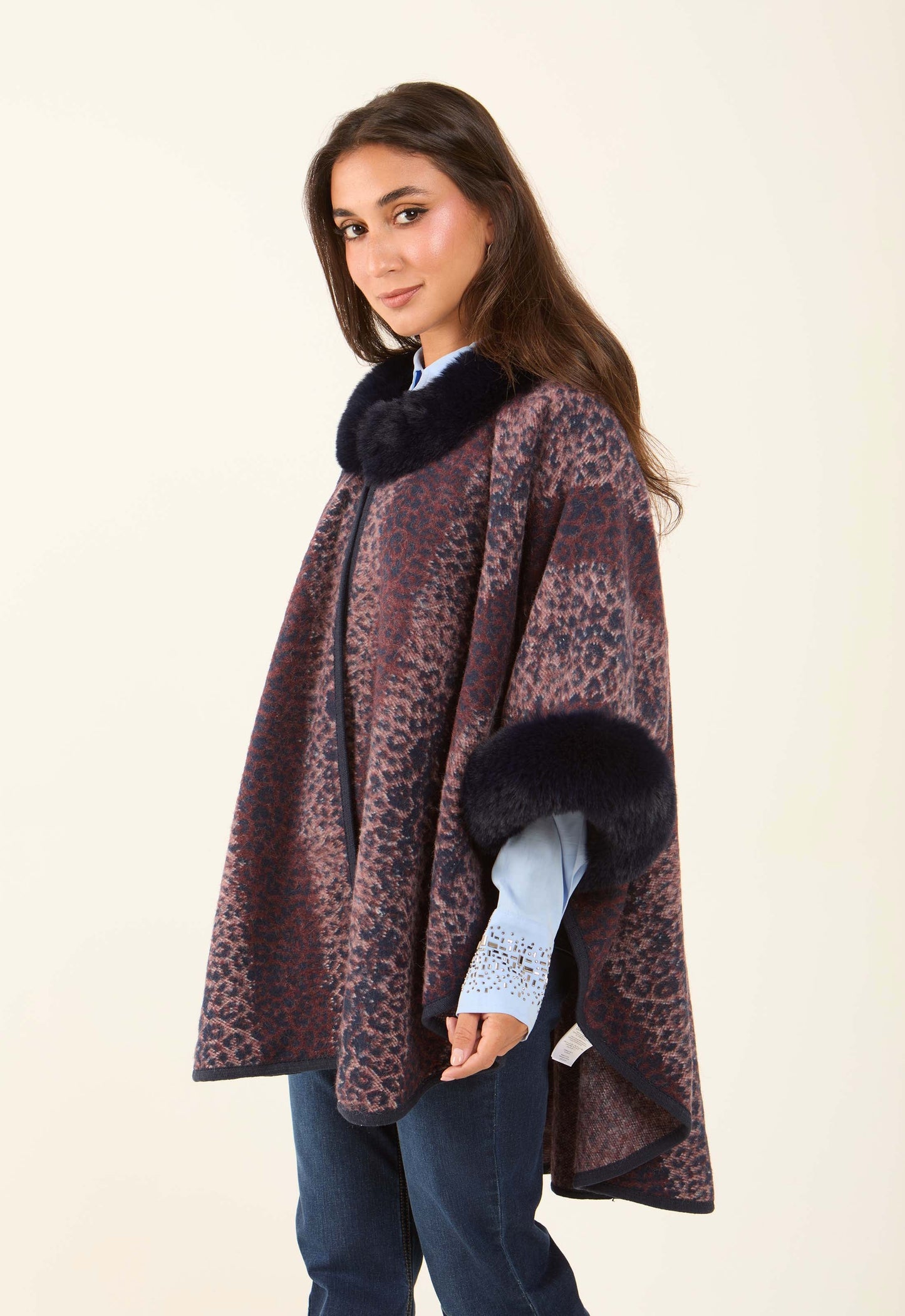 Fur Neck Leopard Winter Poncho