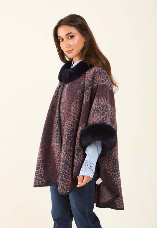 Fur Neck Leopard Winter Poncho