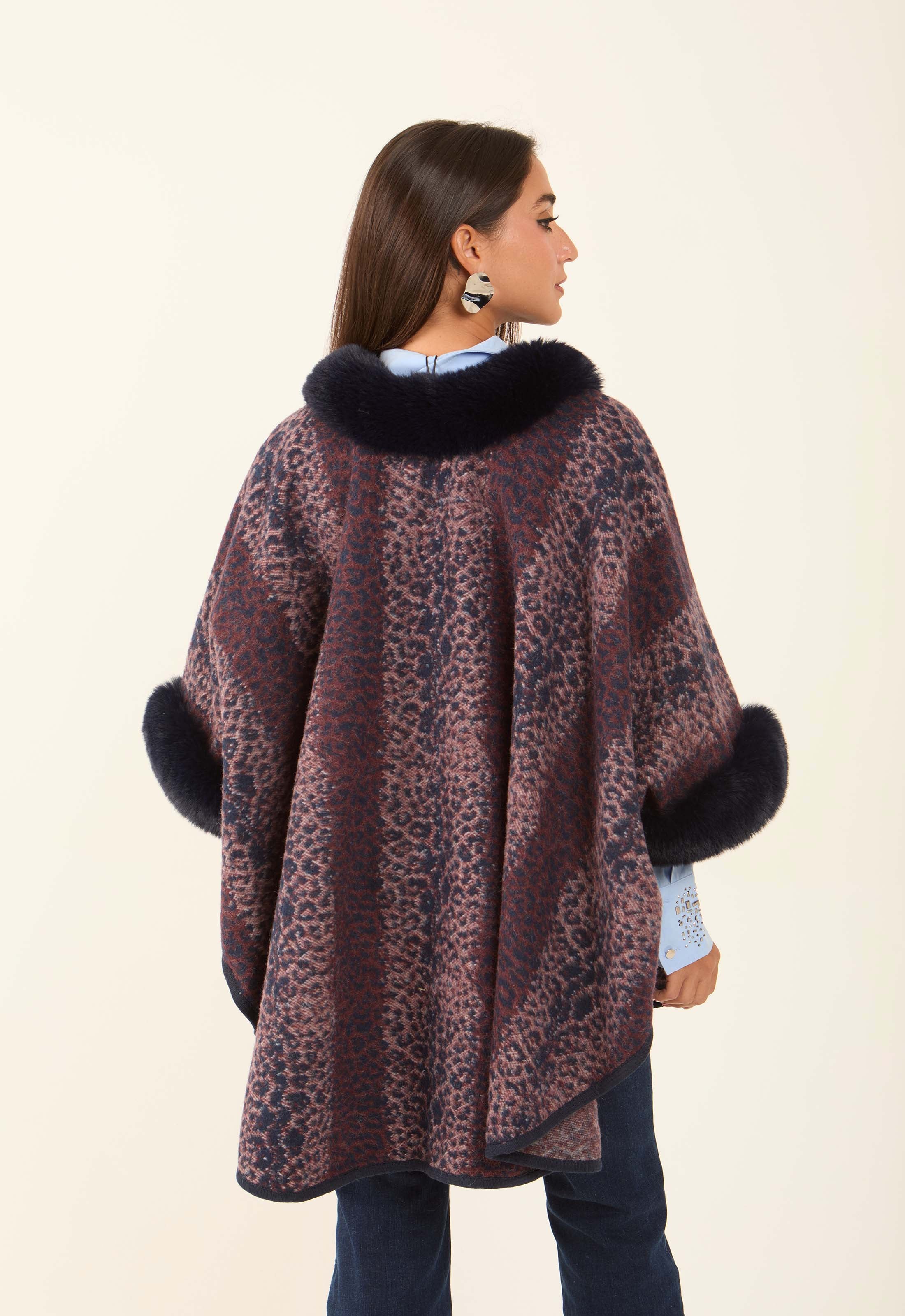 Fur Neck Leopard Winter Poncho