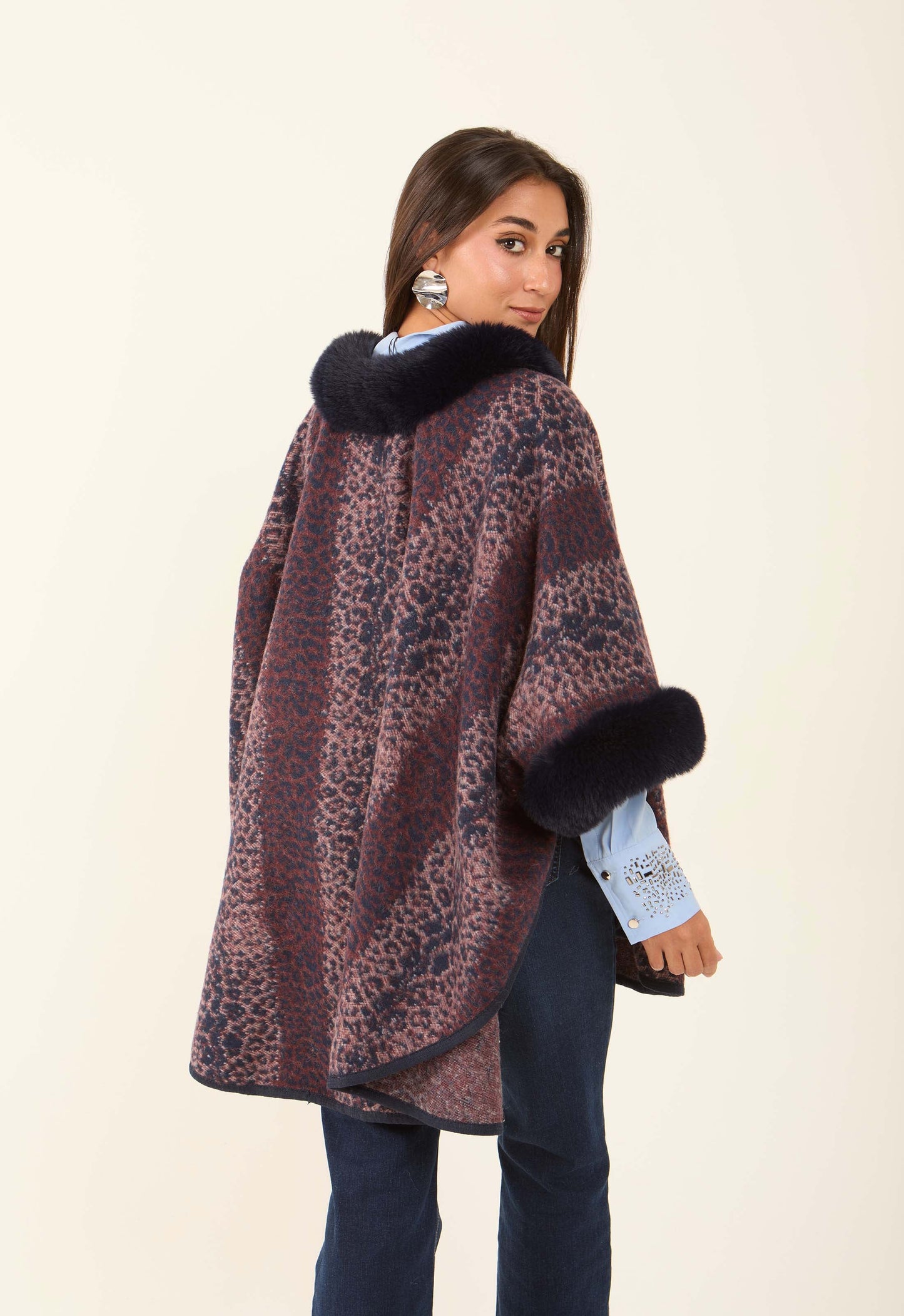 Fur Neck Leopard Winter Poncho