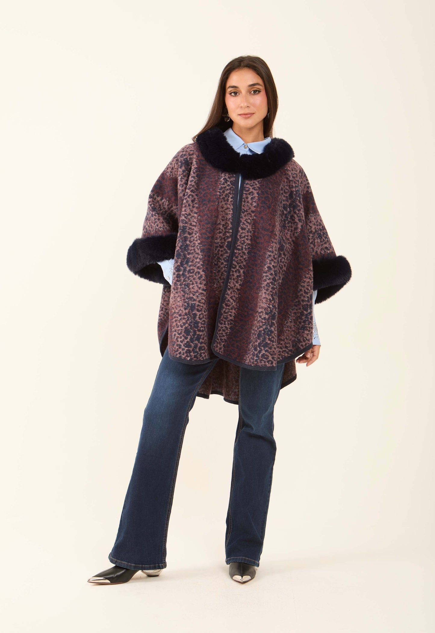 Fur Neck Leopard Winter Poncho