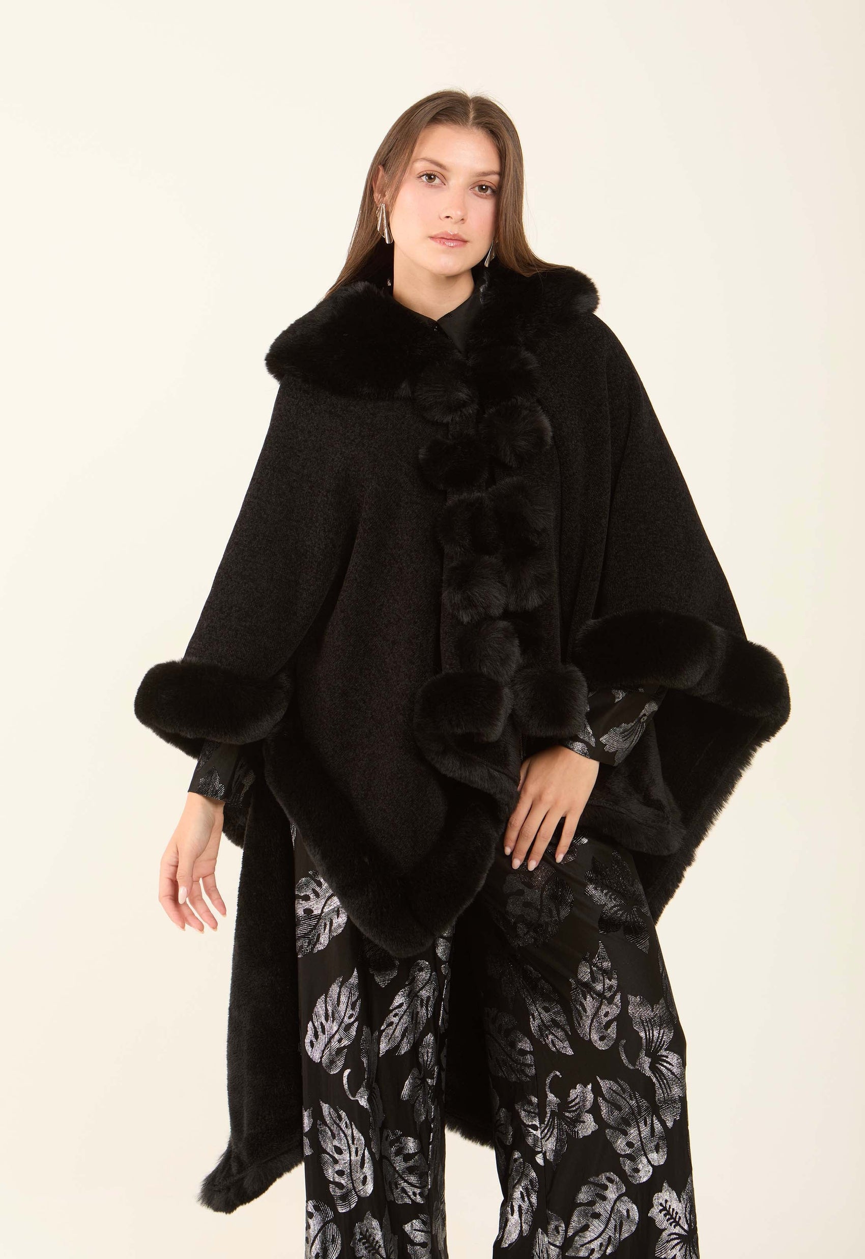 Solid Soft Poncho with Fur Trim
