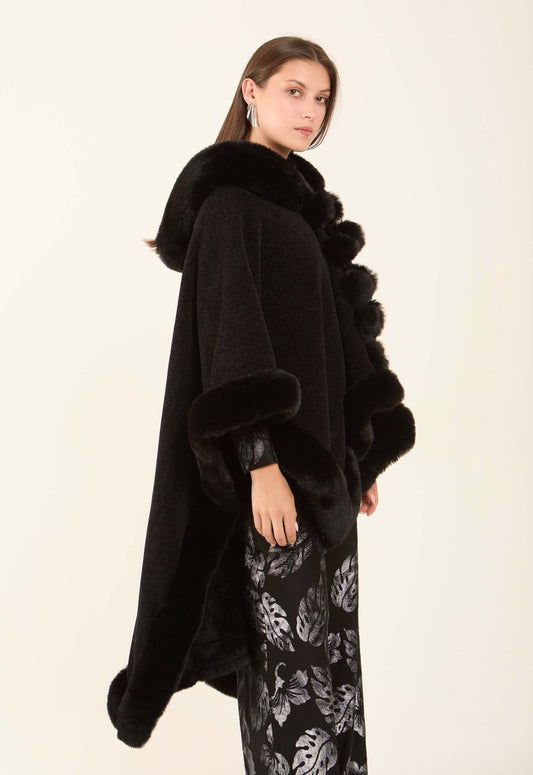 Solid Soft Poncho with Fur Trim