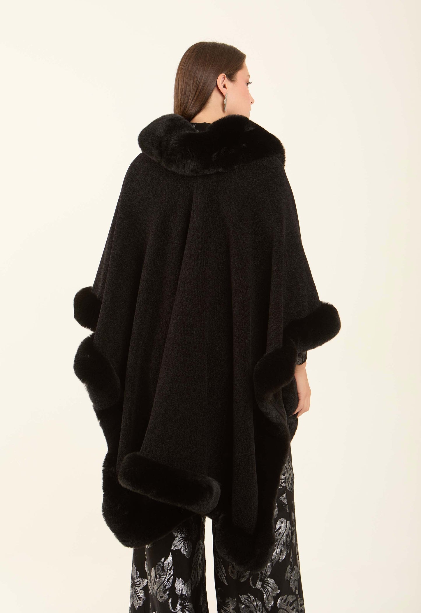 Solid Soft Poncho with Fur Trim