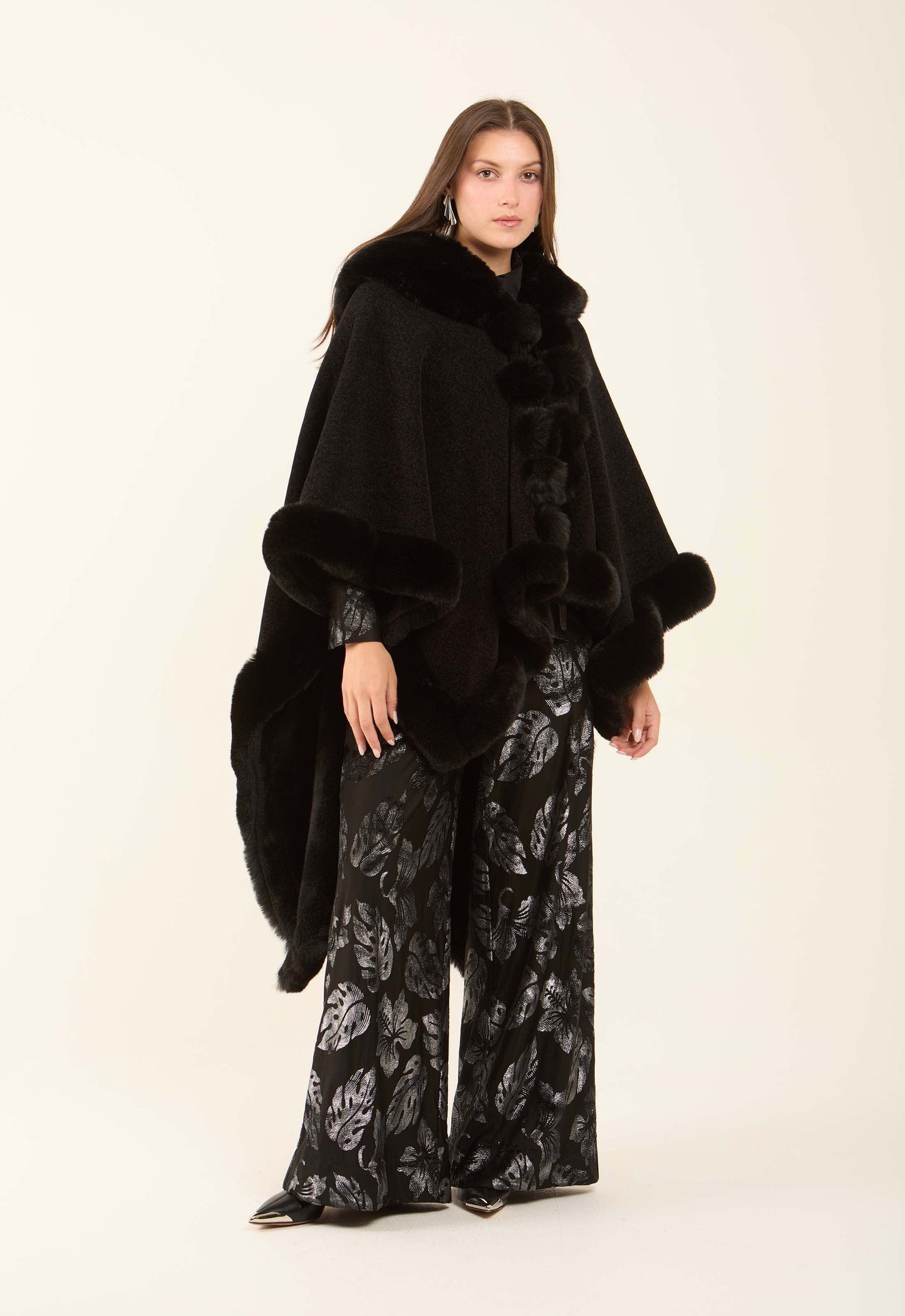 Solid Soft Poncho with Fur Trim