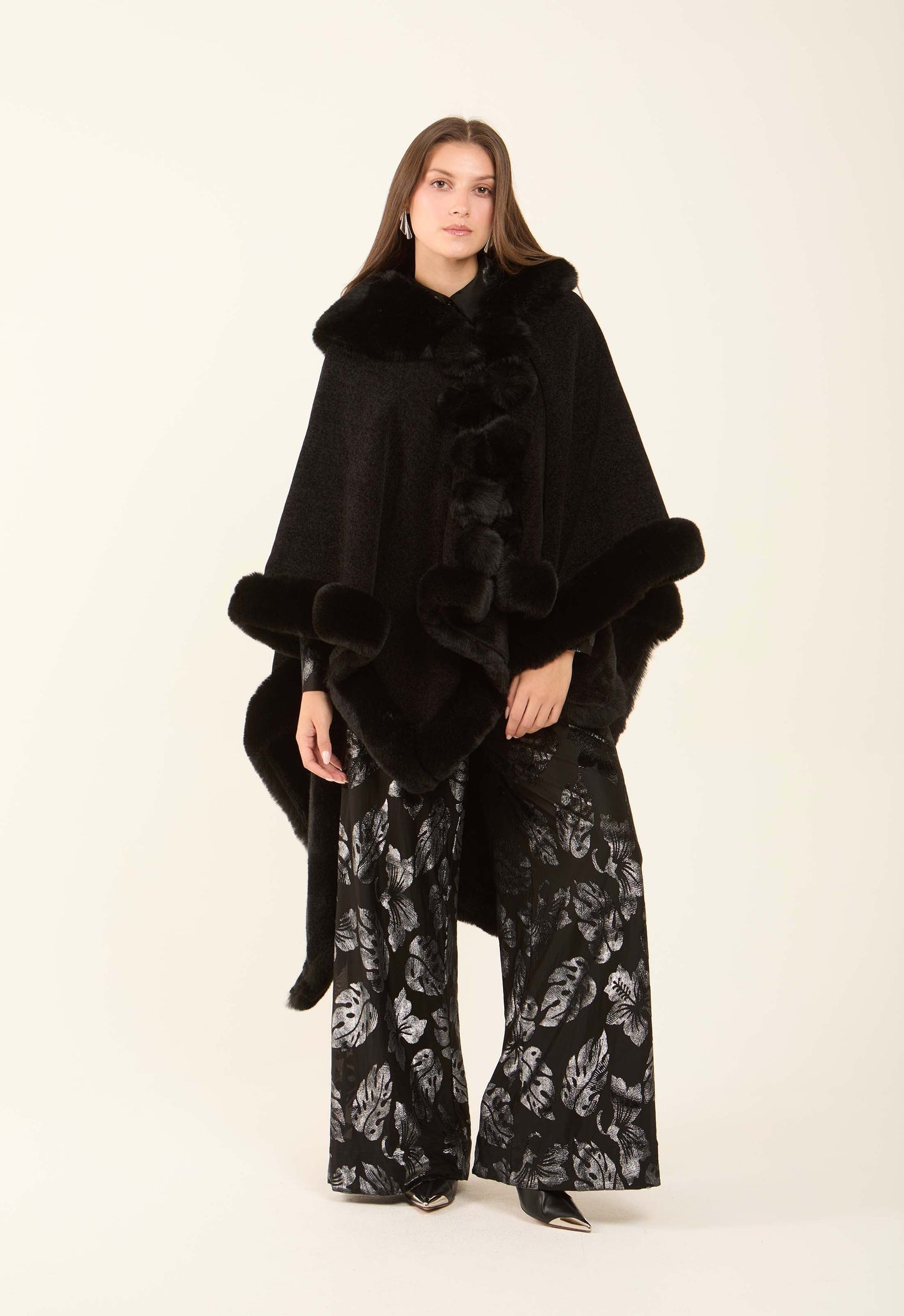 Solid Soft Poncho with Fur Trim