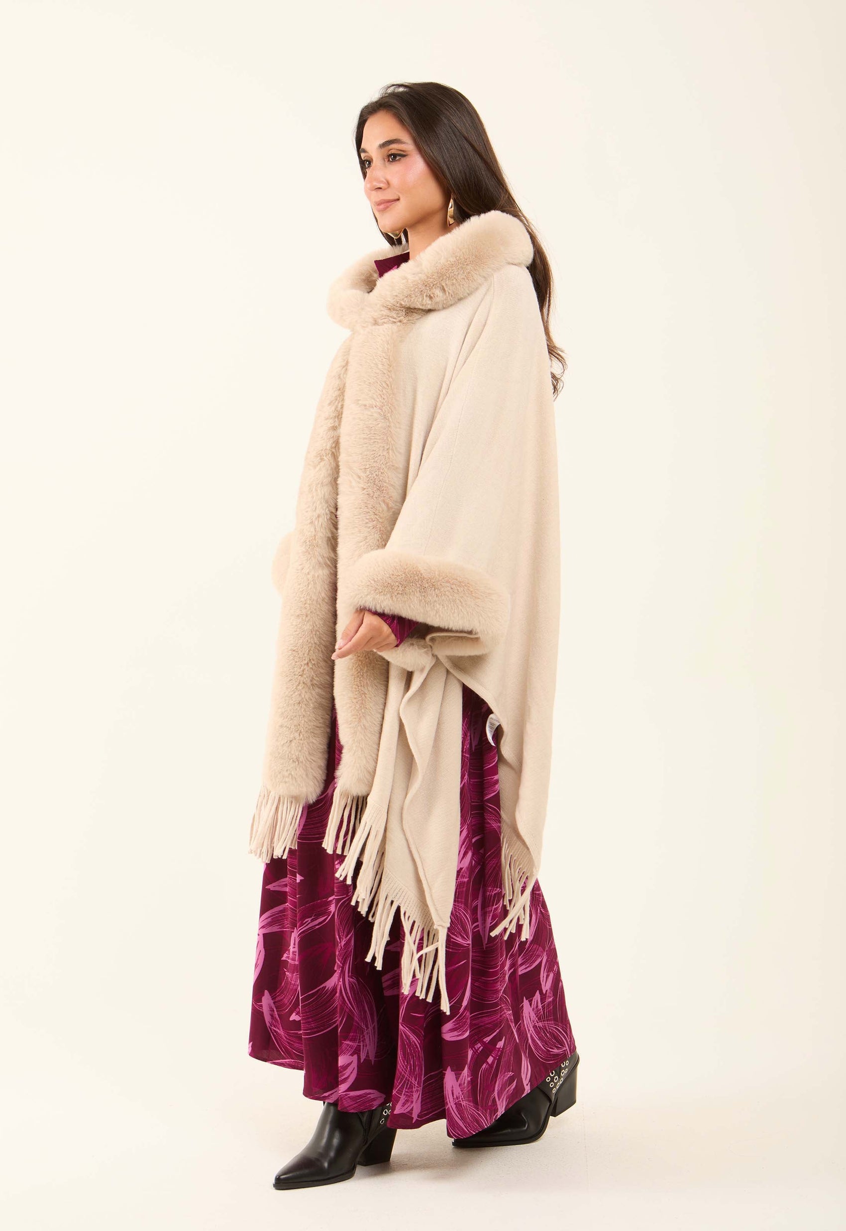 Hooded Fur Neck Poncho with Fringes Trim