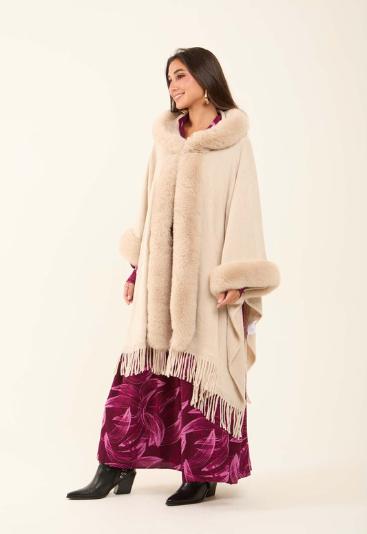 Hooded Fur Neck Poncho with Fringes Trim