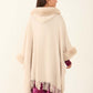 Hooded Fur Neck Poncho with Fringes Trim