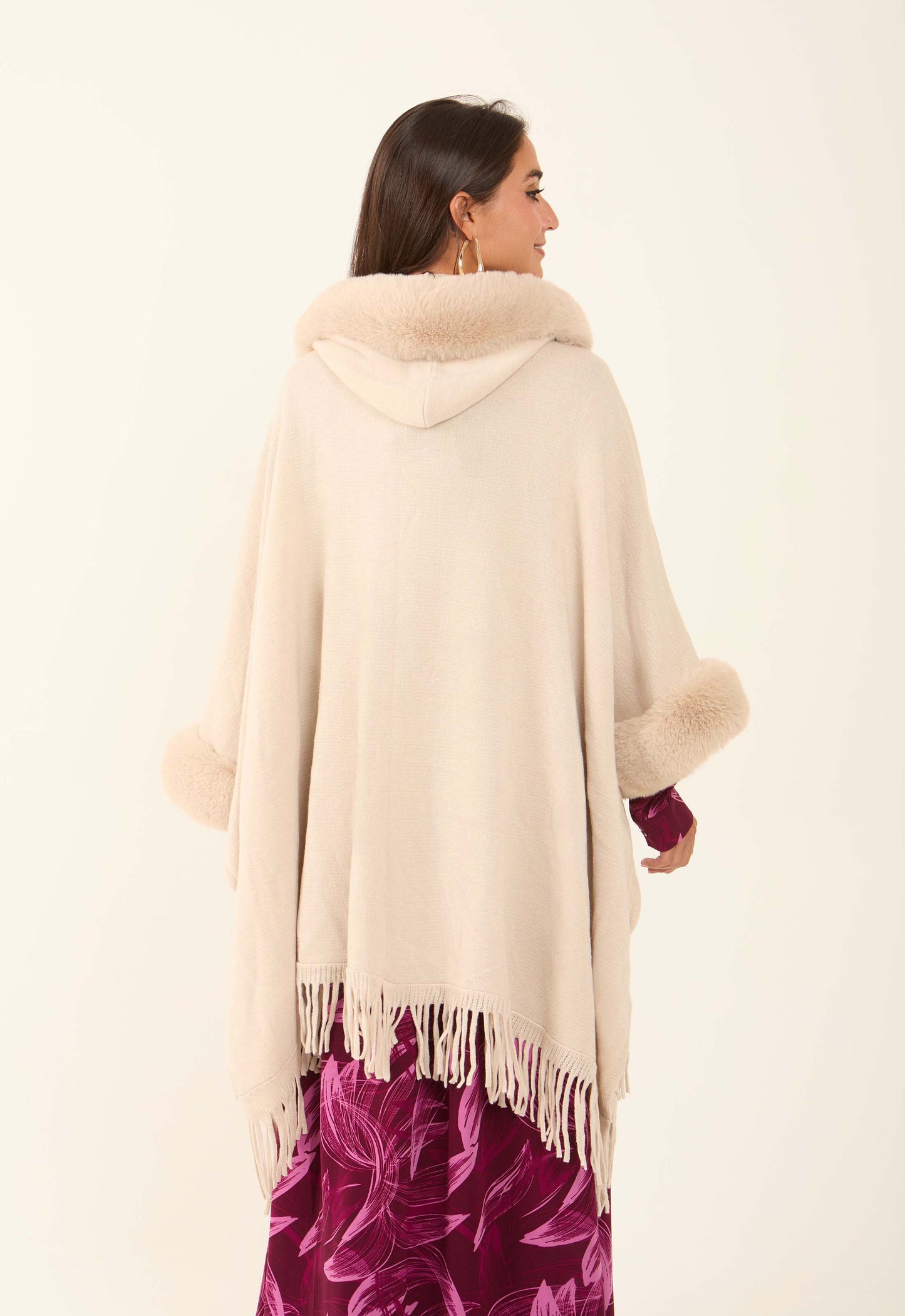Hooded Fur Neck Poncho with Fringes Trim