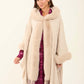 Hooded Fur Neck Poncho with Fringes Trim