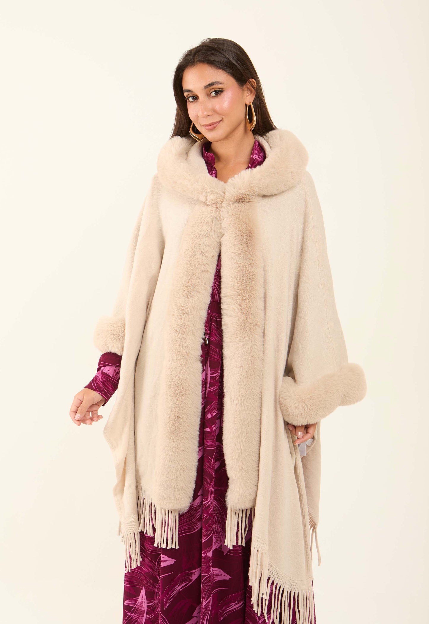 Hooded Fur Neck Poncho with Fringes Trim