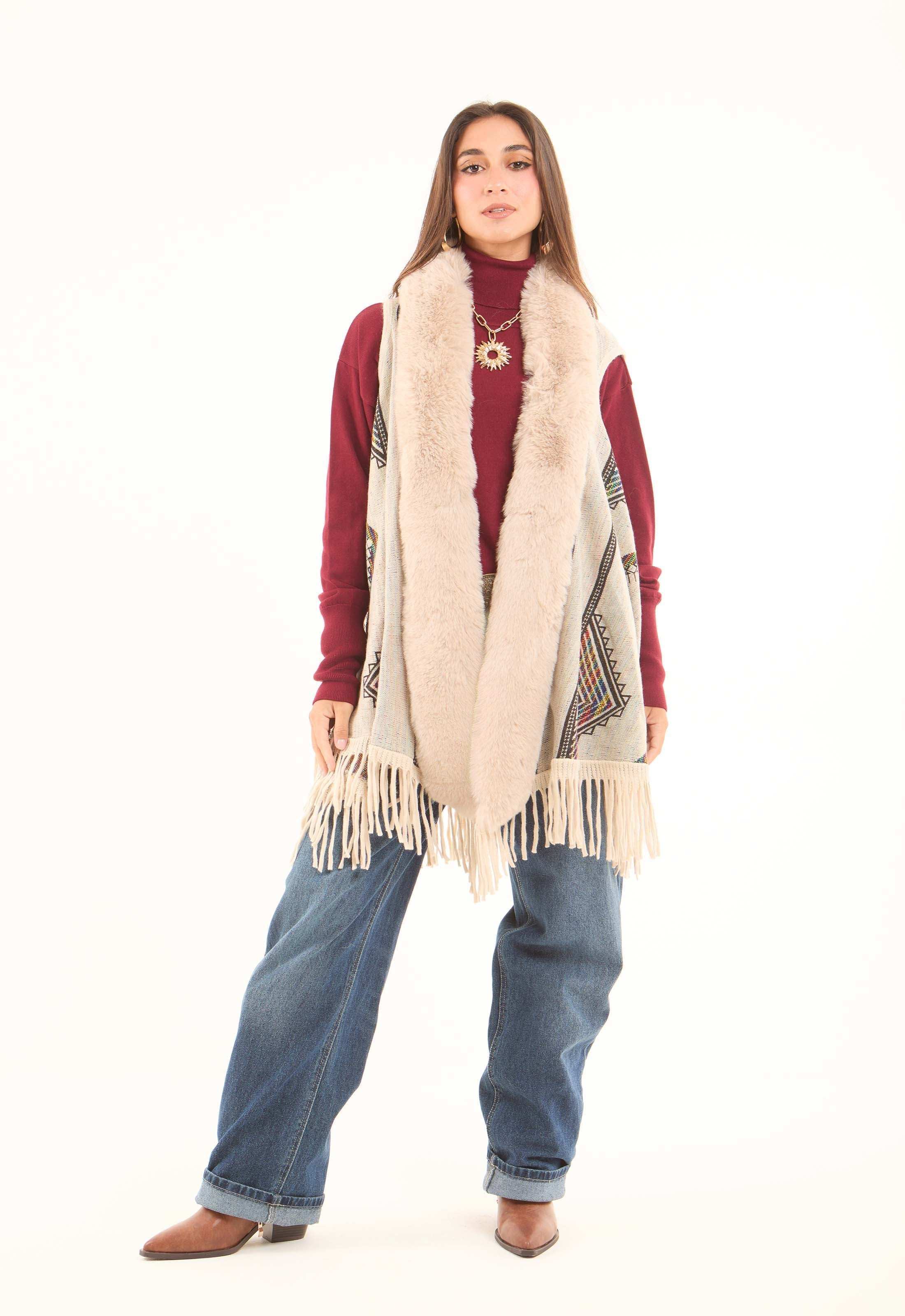 Sleeveless Patterned Poncho with Fur Neckline