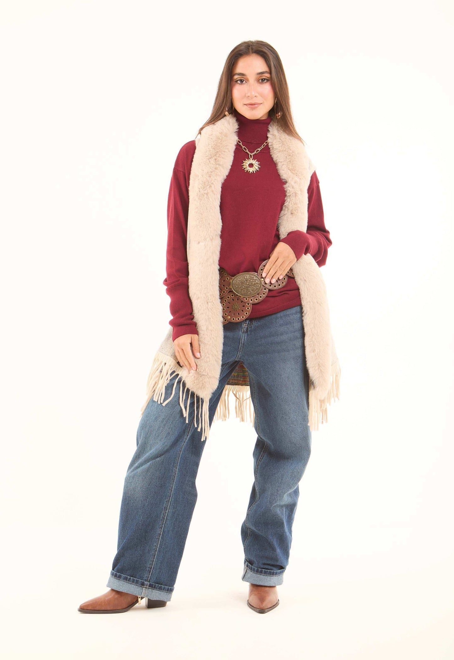 Sleeveless Patterned Poncho with Fur Neckline