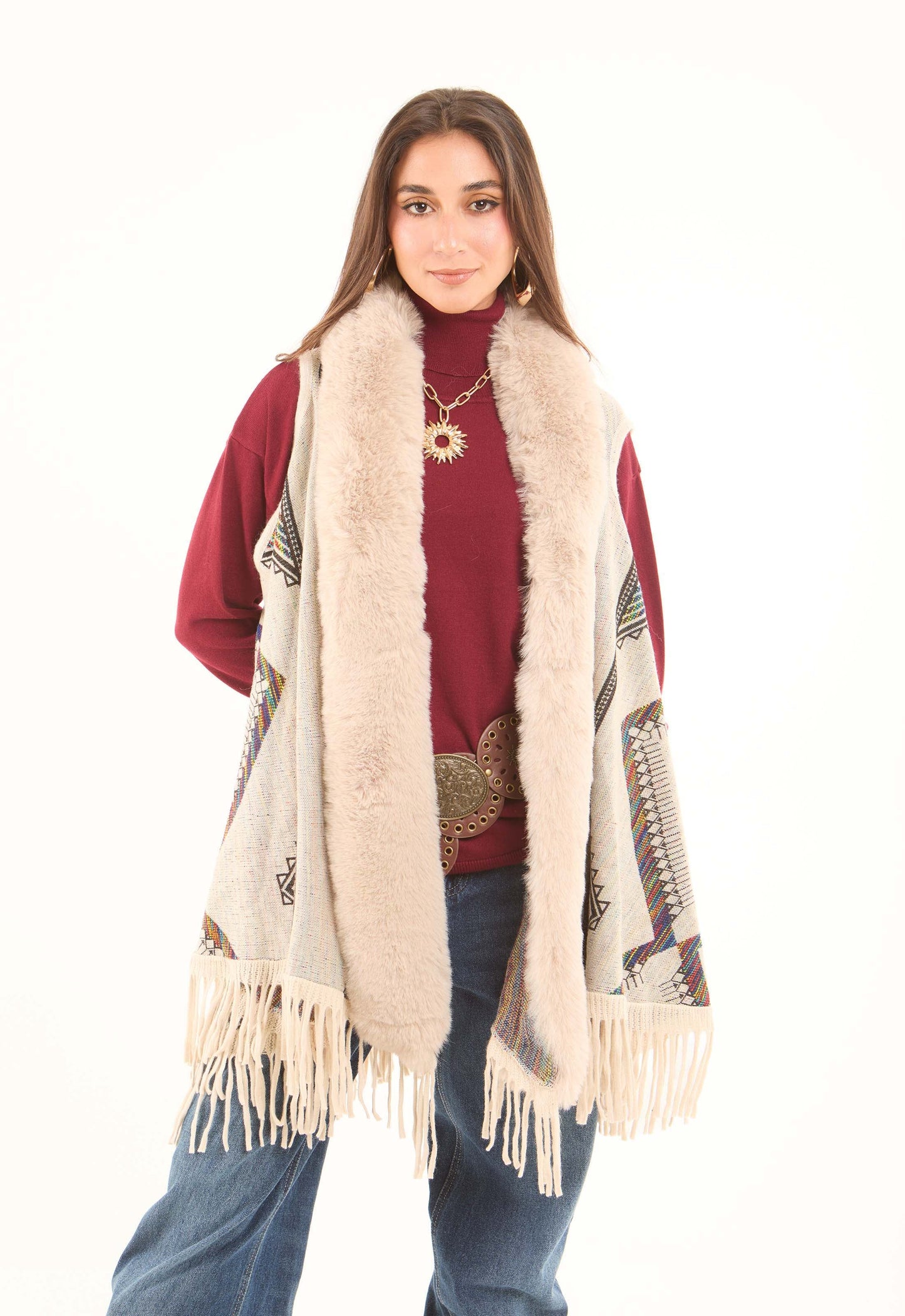Sleeveless Patterned Poncho with Fur Neckline