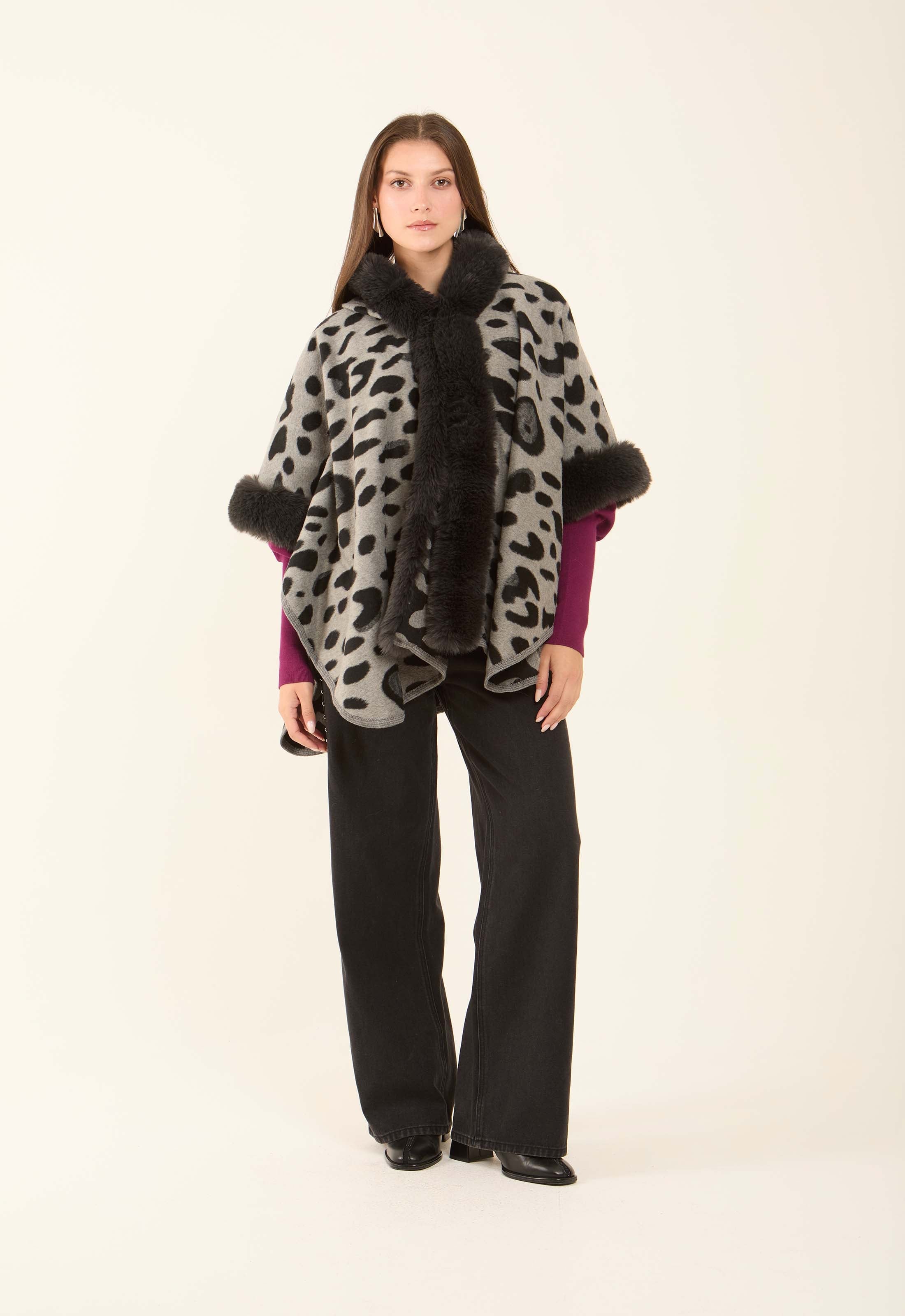 Coziness Leopard Poncho with Fur Neckline