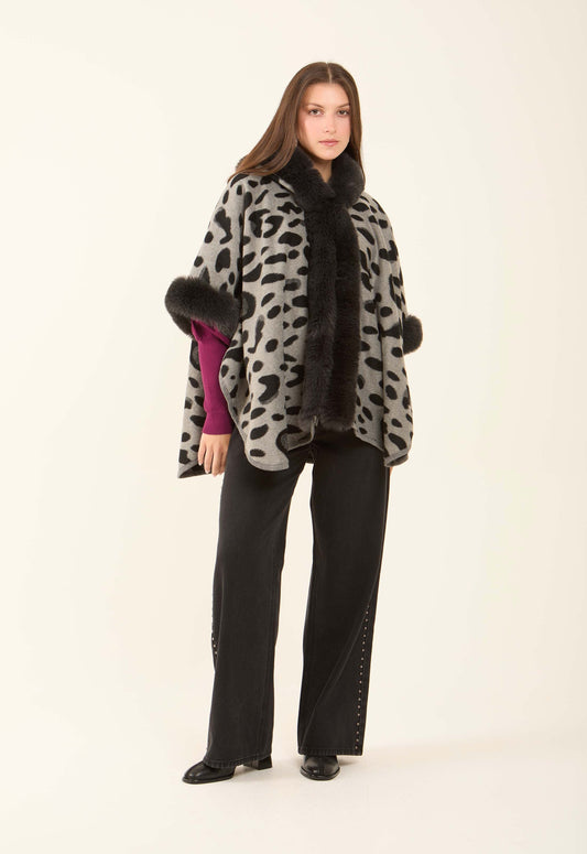 Coziness Leopard Poncho with Fur Neckline
