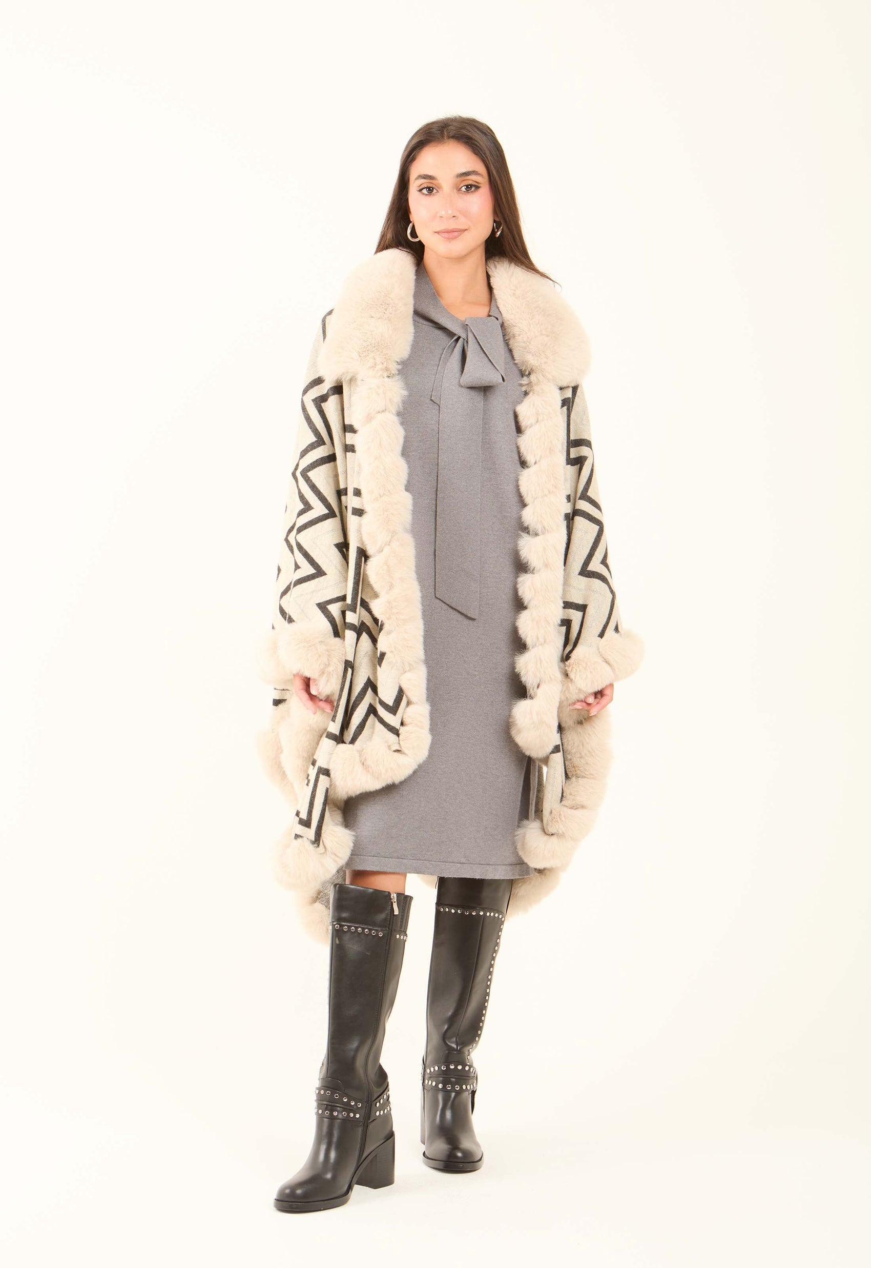 Geometric Pattern Open Neck Winter Poncho
