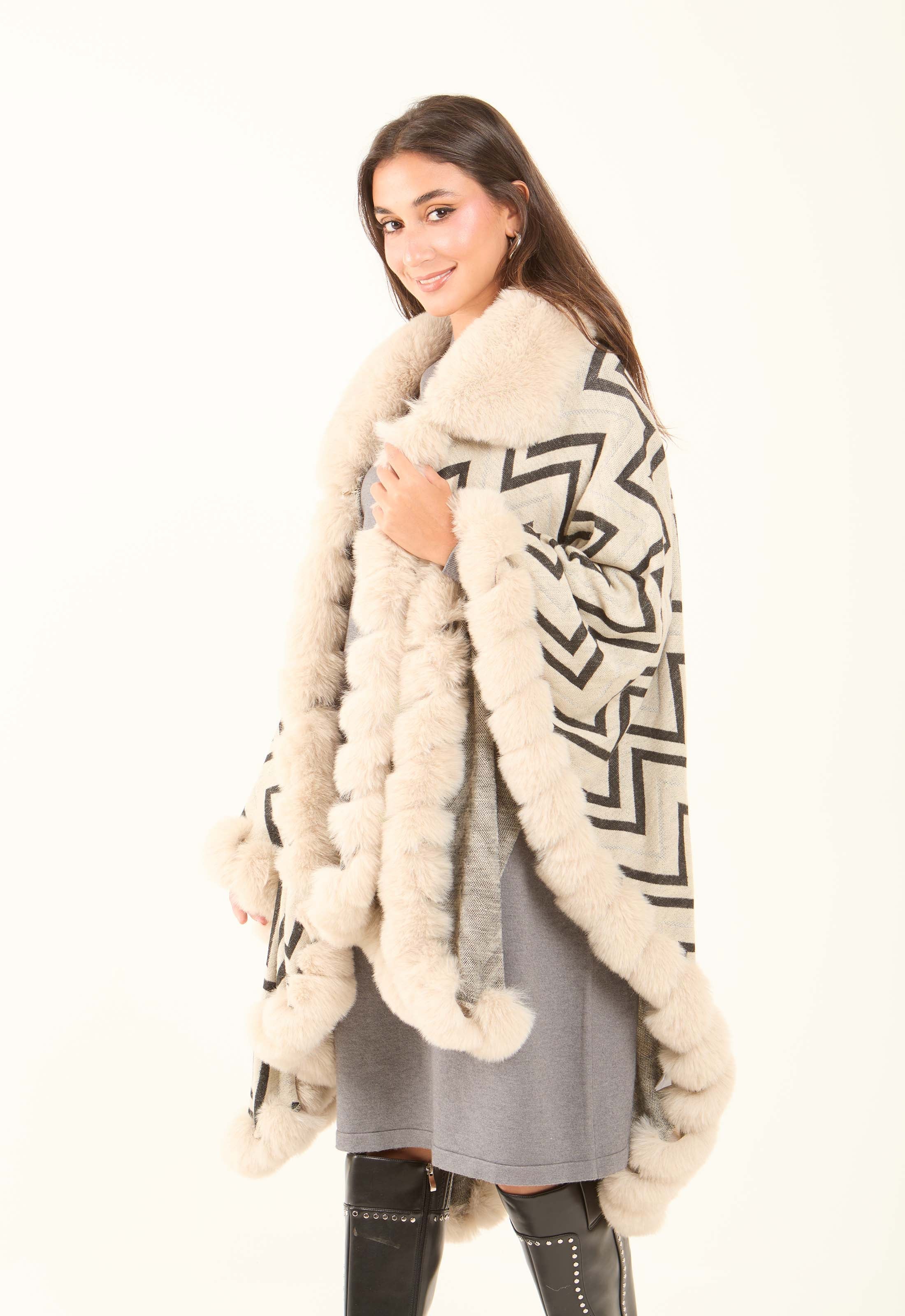 Geometric Pattern Open Neck Winter Poncho