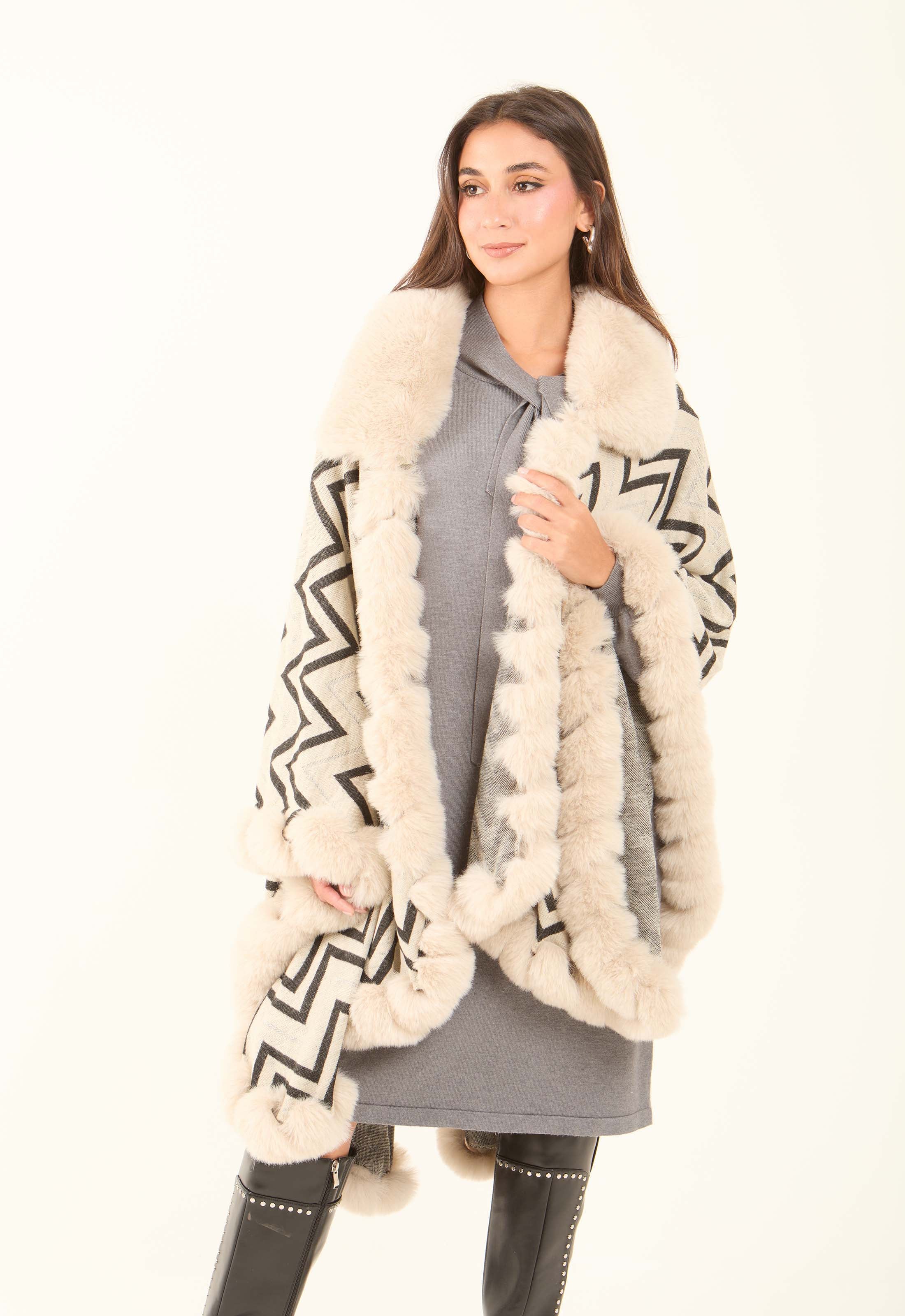 Geometric Pattern Open Neck Winter Poncho