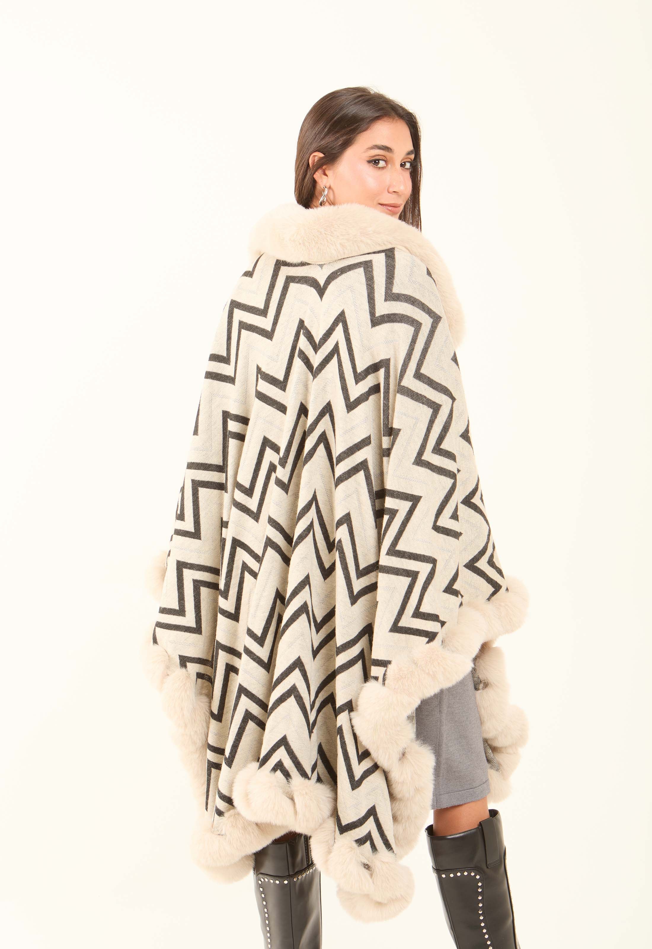 Geometric Pattern Open Neck Winter Poncho