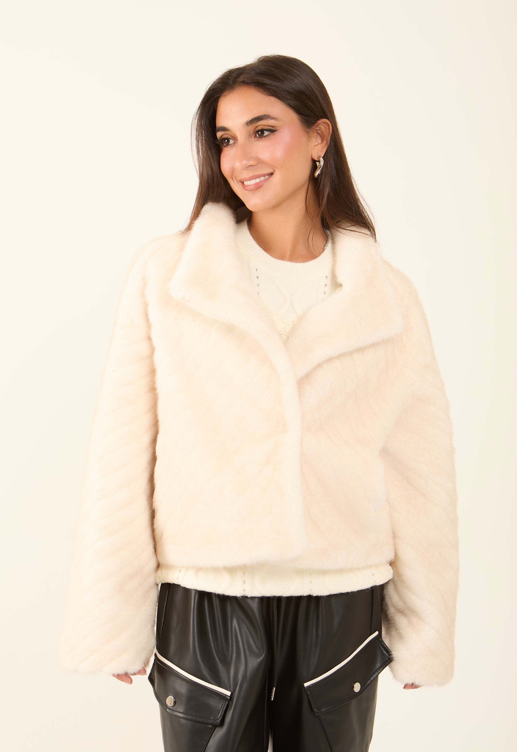 Chevron Faux-Fur Short Coat