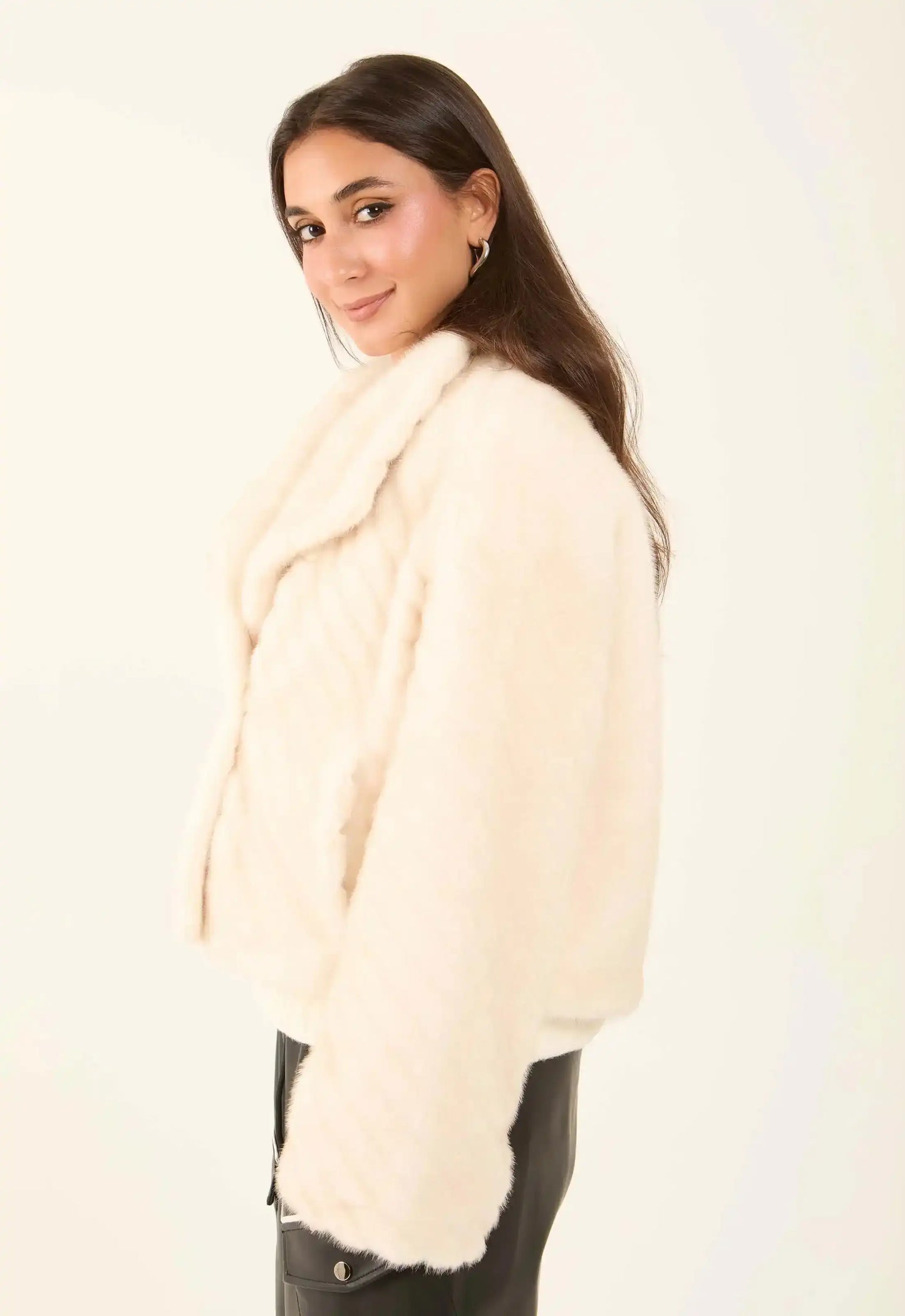 Chevron Faux-Fur Short Coat