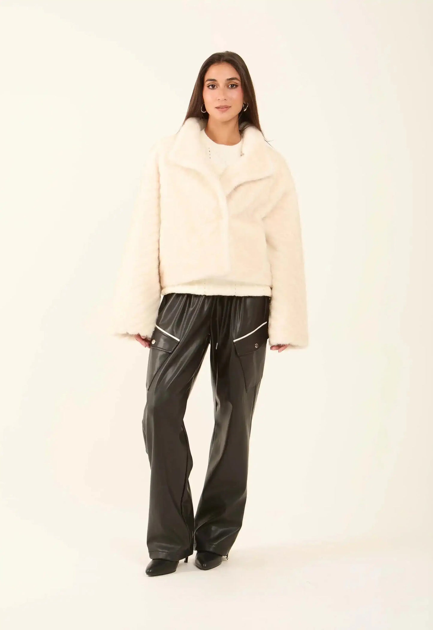 Chevron Faux-Fur Short Coat