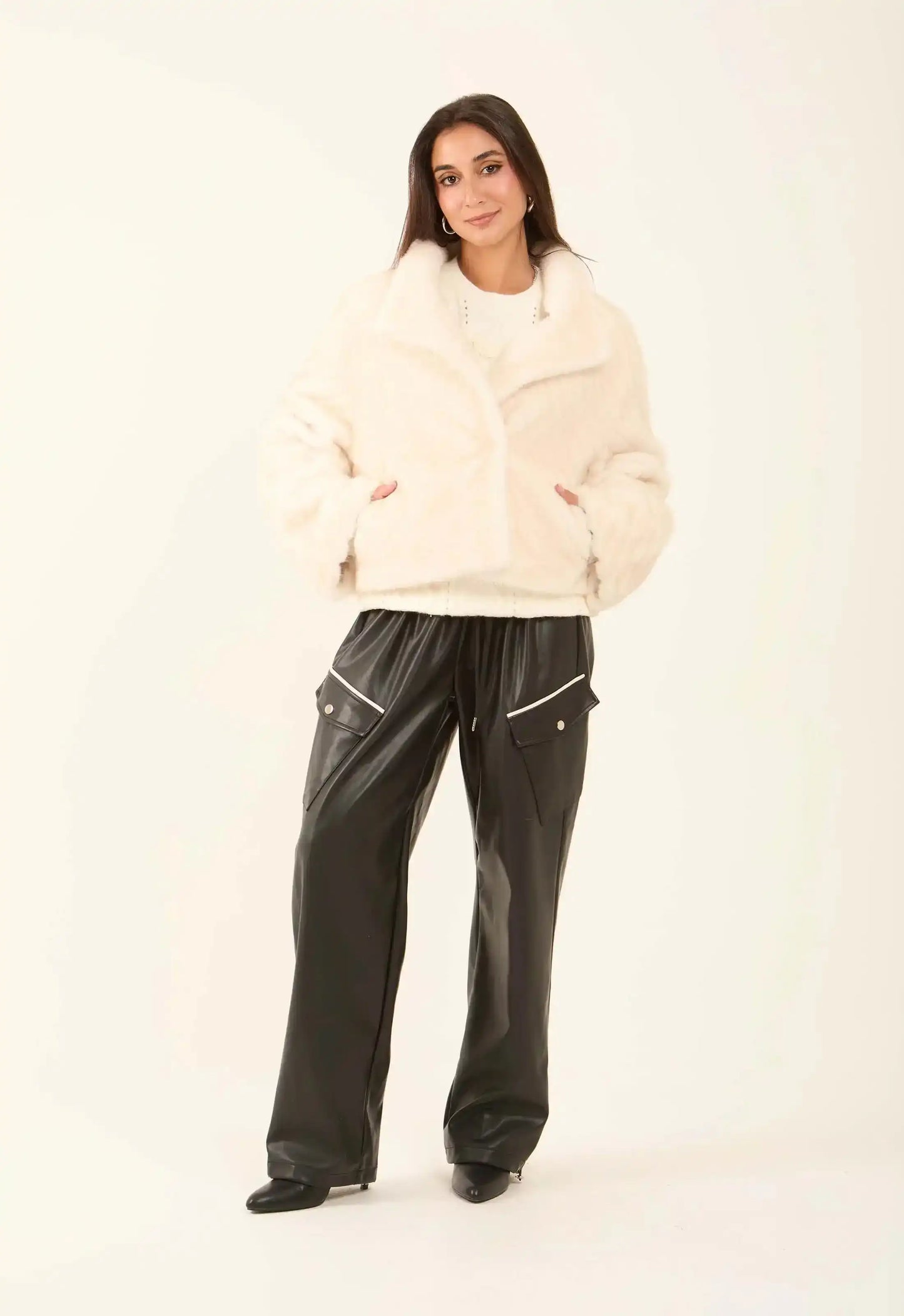 Chevron Faux-Fur Short Coat