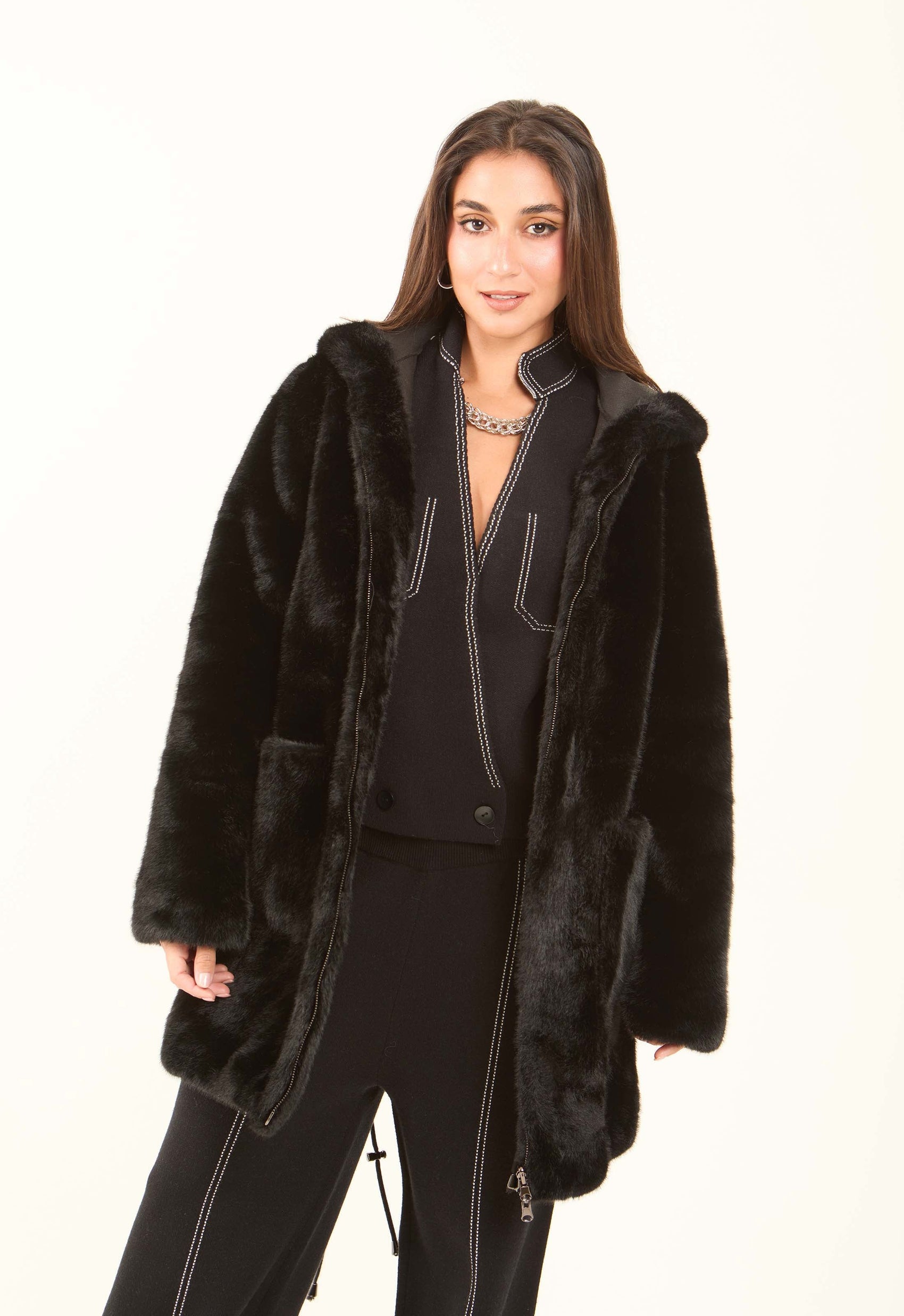 Faux-Fur Hooded Long Coat