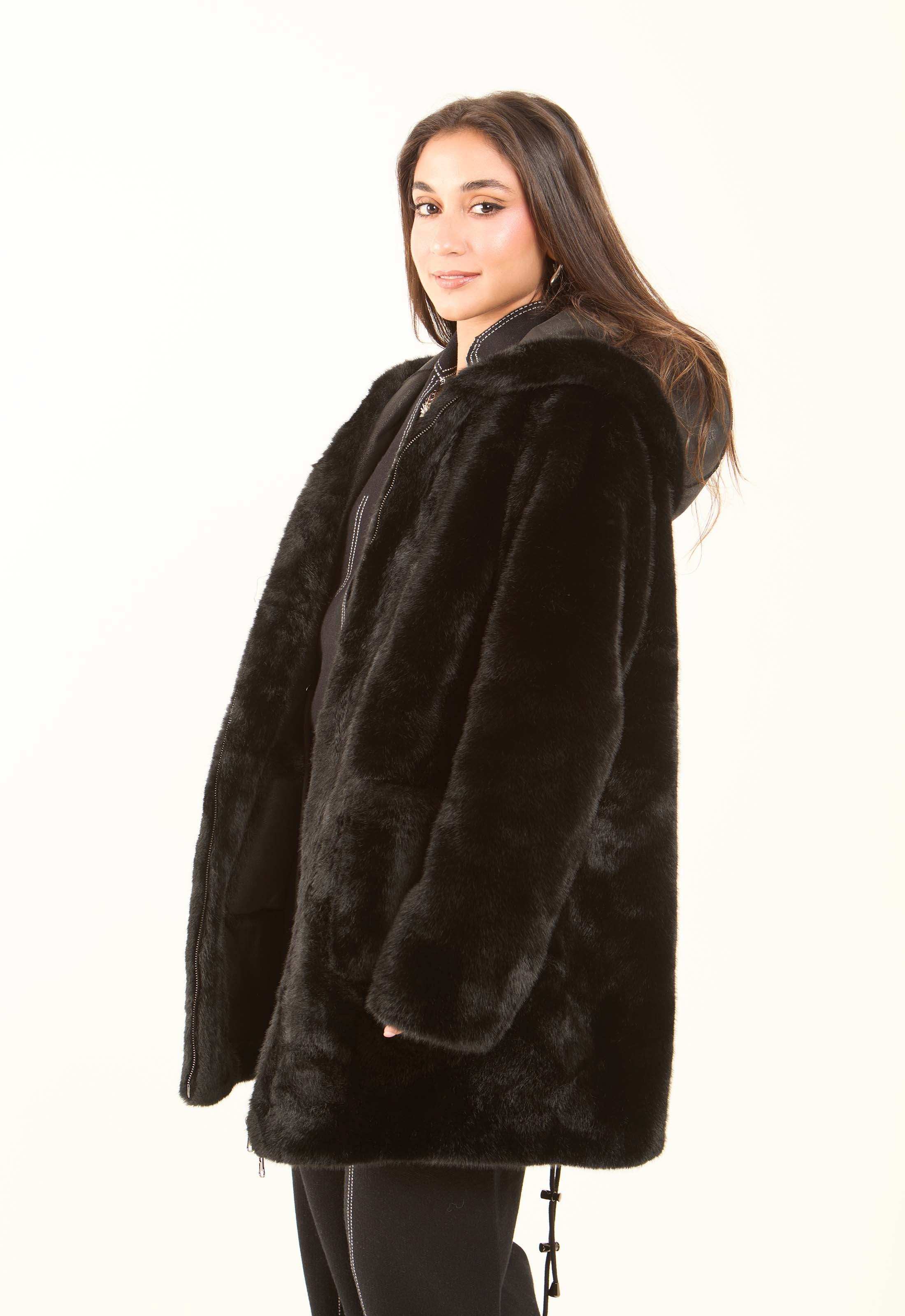 Faux-Fur Hooded Long Coat