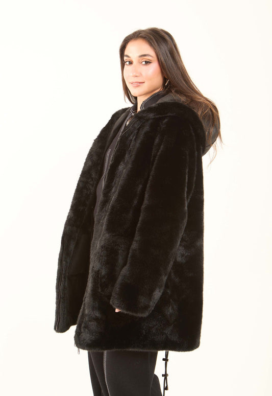 Faux-Fur Hooded Long Coat