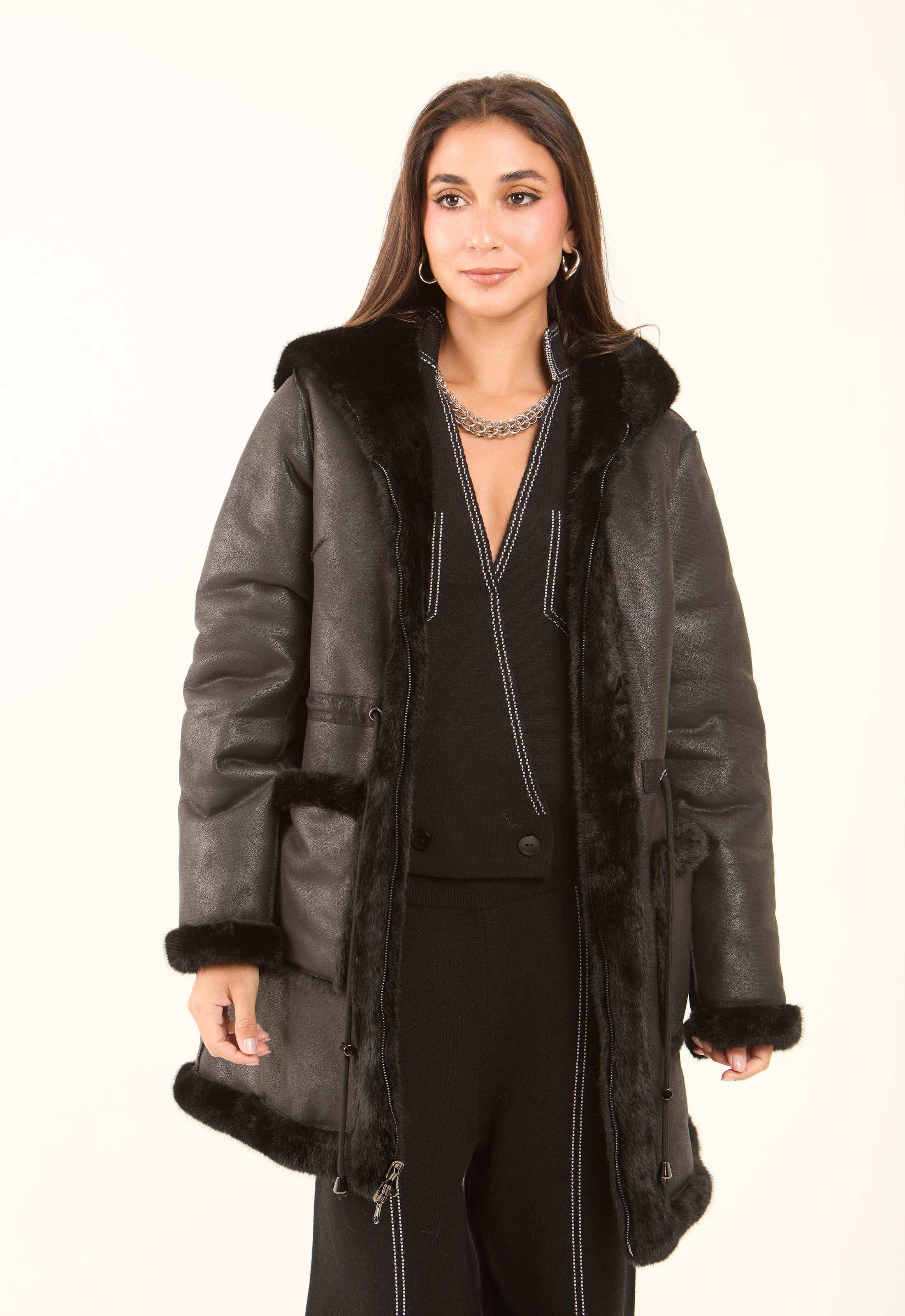 Faux-Fur Hooded Long Coat