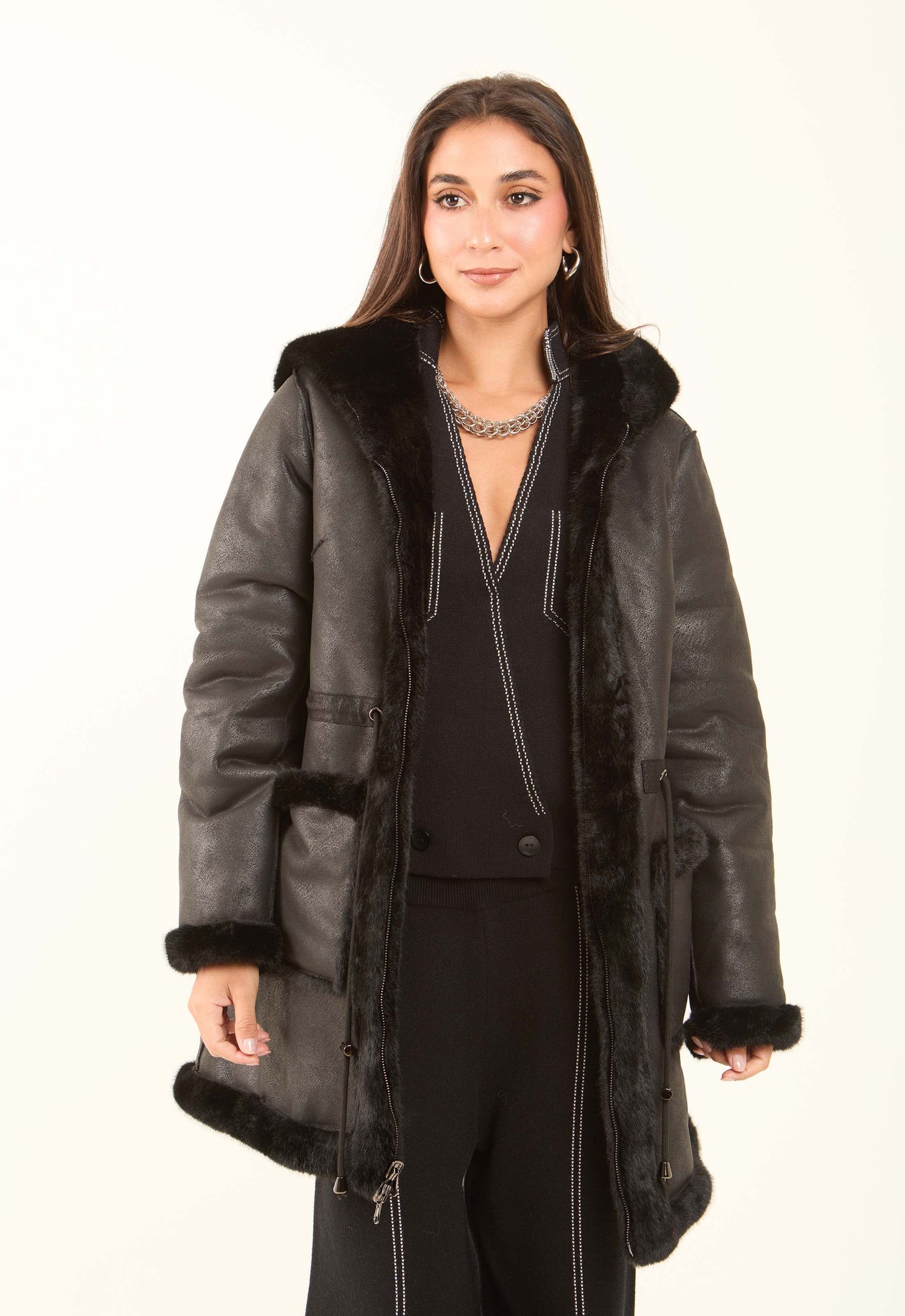 Faux-Fur Hooded Long Coat