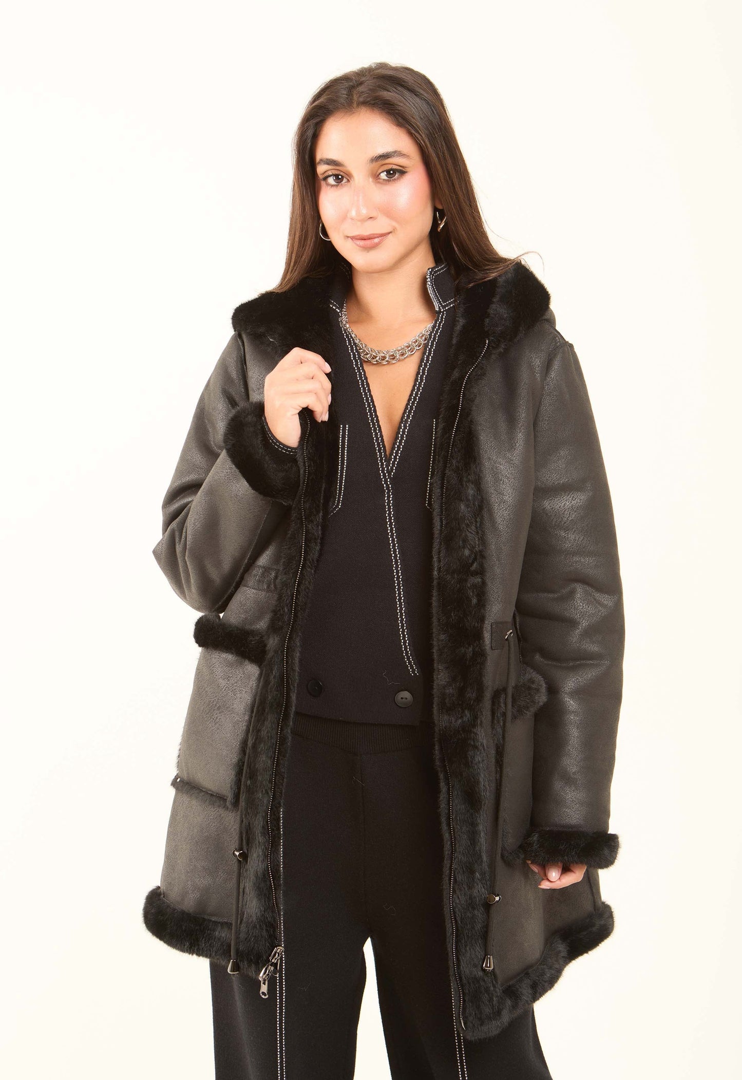 Faux-Fur Hooded Long Coat