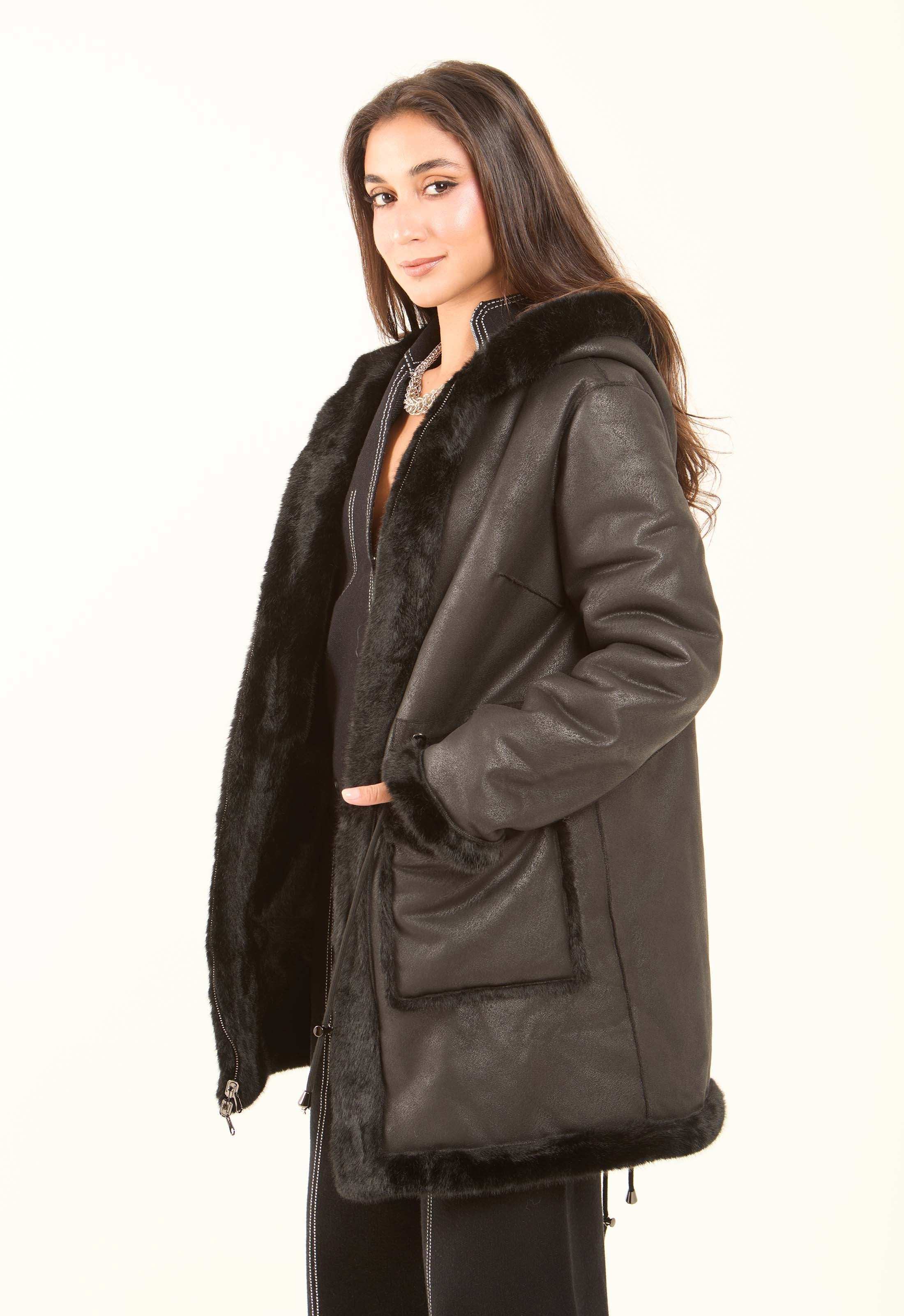 Faux-Fur Hooded Long Coat
