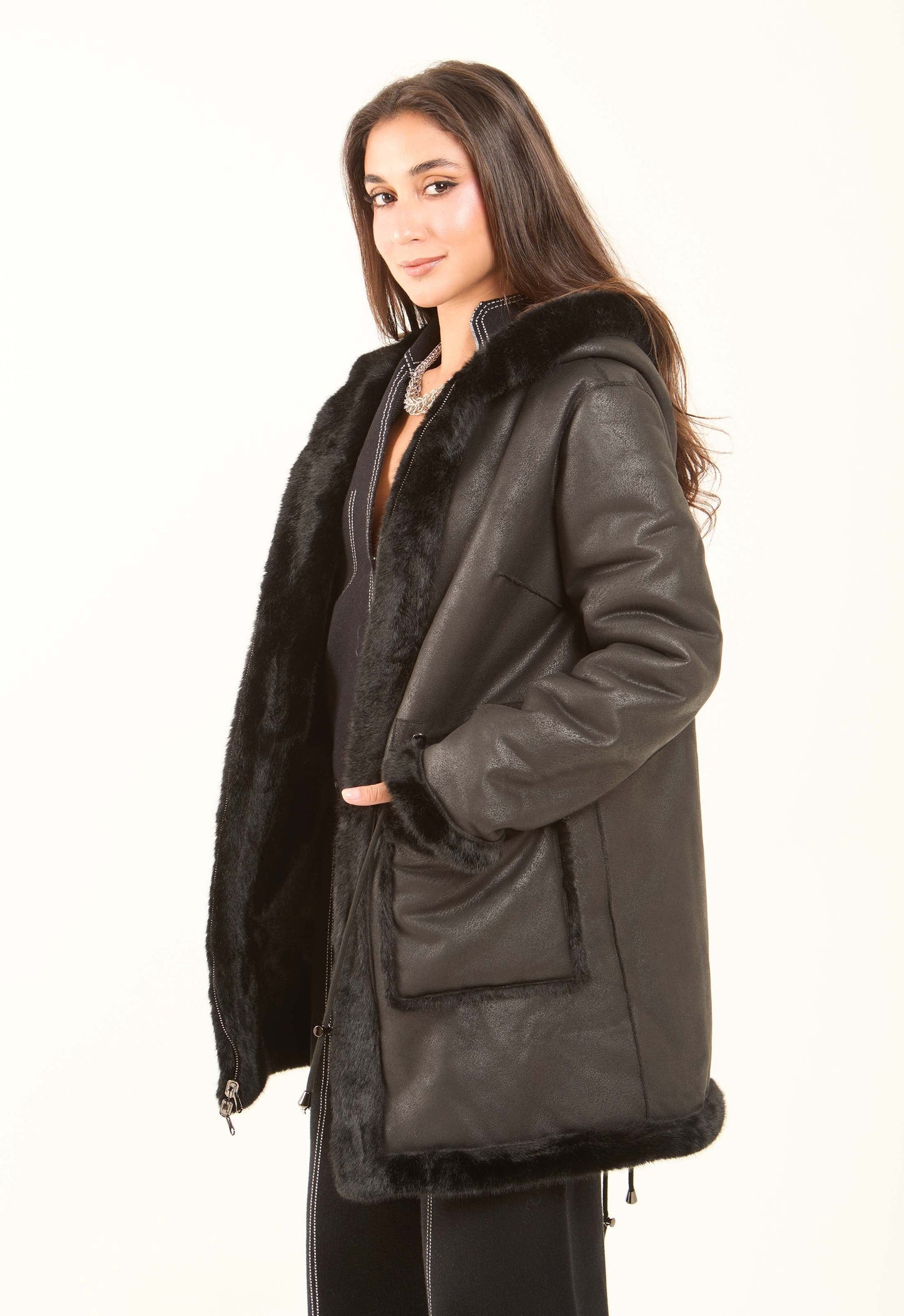 Faux-Fur Hooded Long Coat