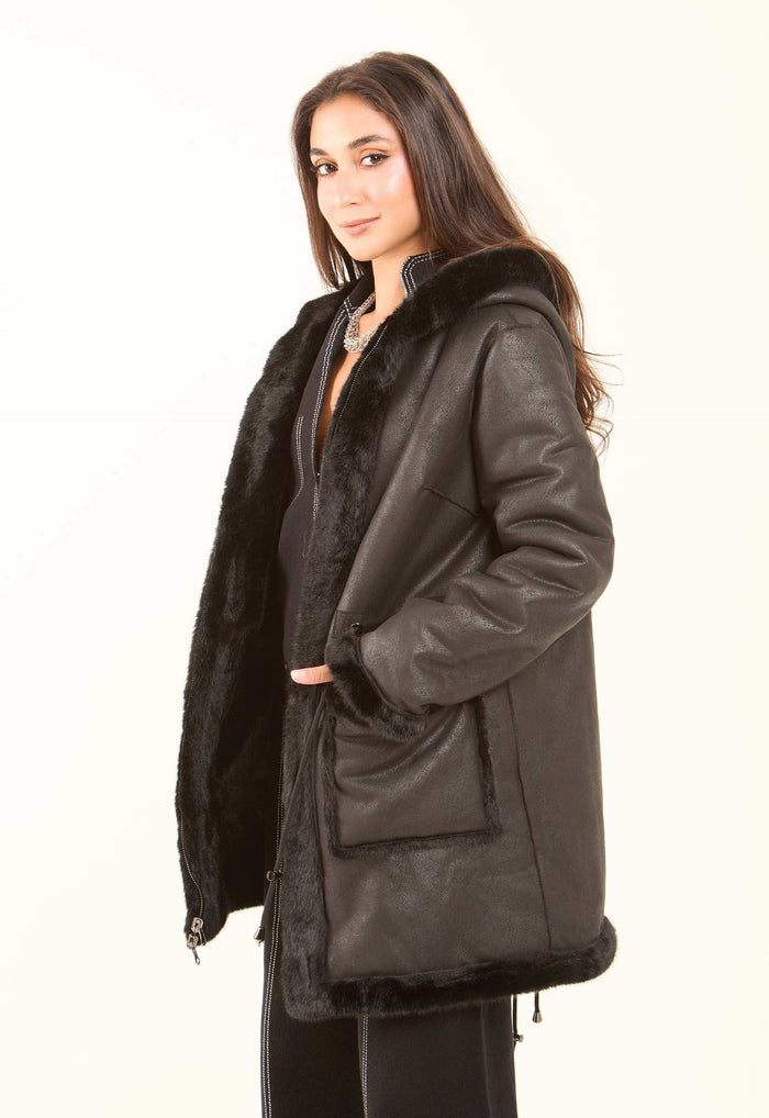 Faux-Fur Hooded Long Coat