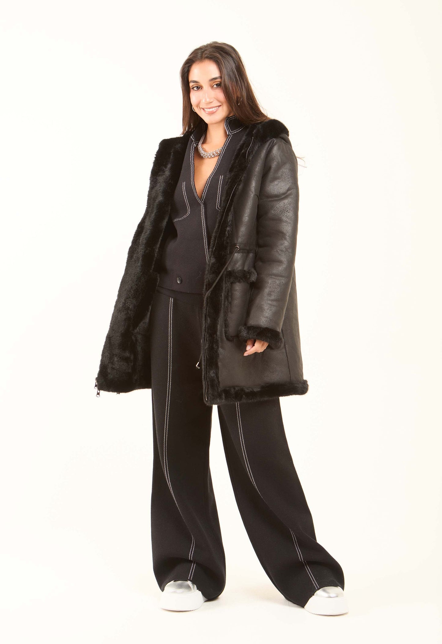 Faux-Fur Hooded Long Coat